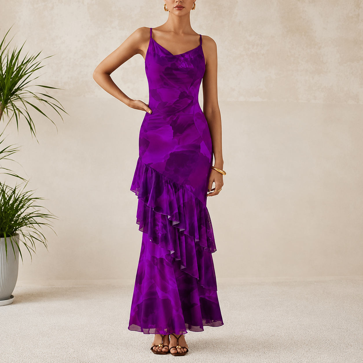 Summer Spring Tiered Floral Beach Maxi Dress Spaghetti For Women