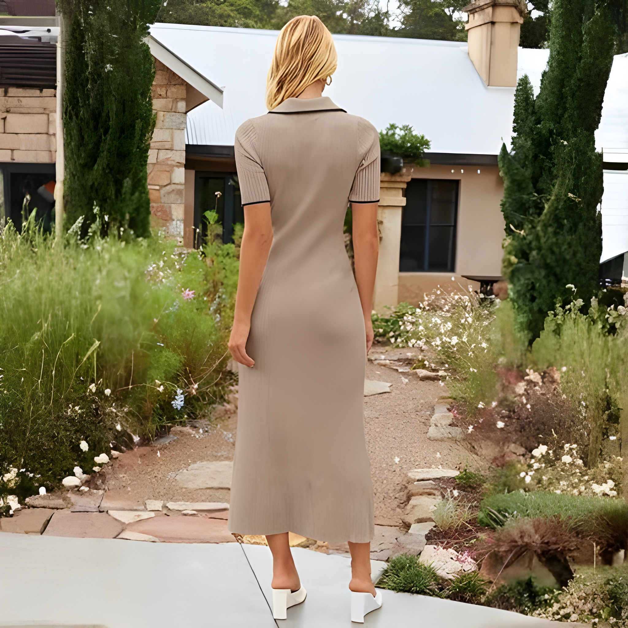 Spring And Summer Ribbed Button V Neck Bodycon Maxi Dresses  For Women