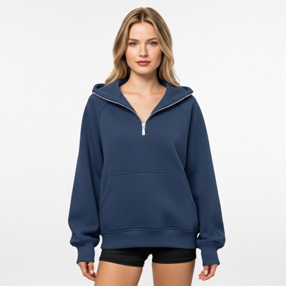 Half Zip Fleece Hoodie Sweatshirt With Oversized Fit Style For Women