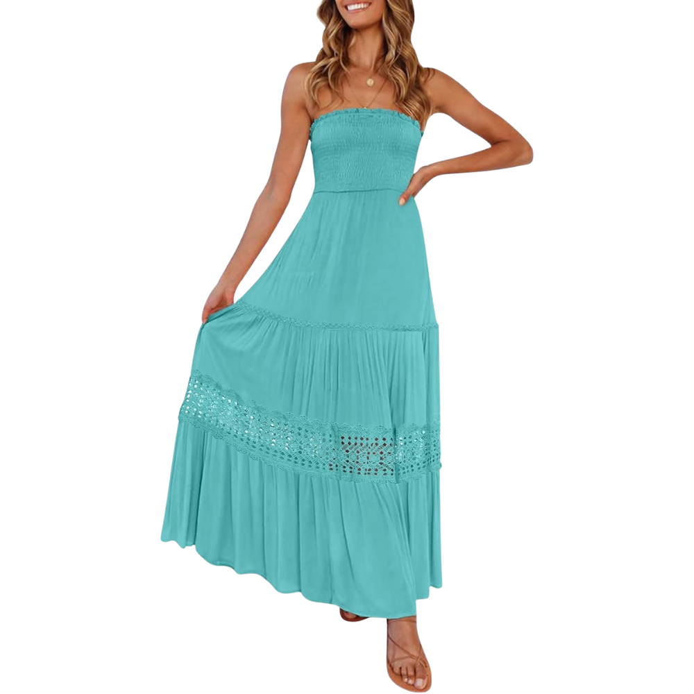 Summer Boho Off Strapless Flowy Lace Line Maxi Dresses For Women
