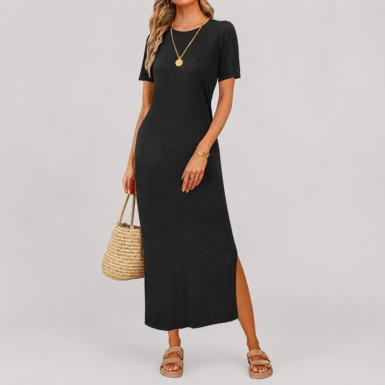 Soft Knit Lightweight Short Sleeve Casual Maxi Dress For Women 