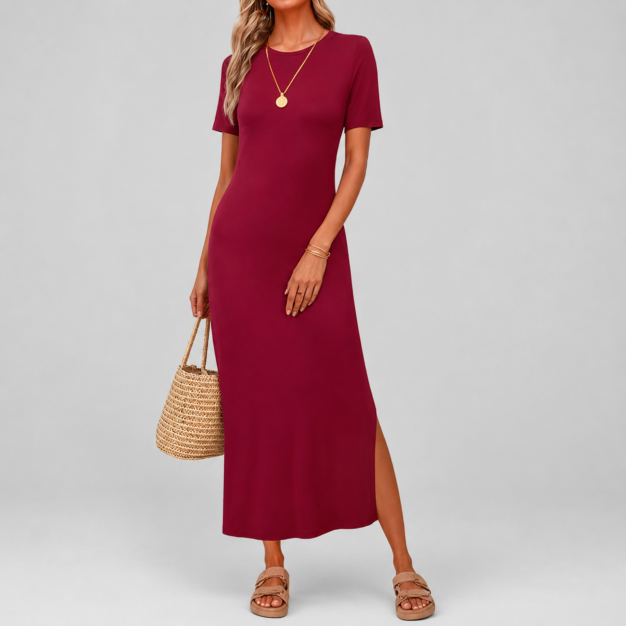Soft Knit Lightweight Short Sleeve Casual Maxi Dress For Women 