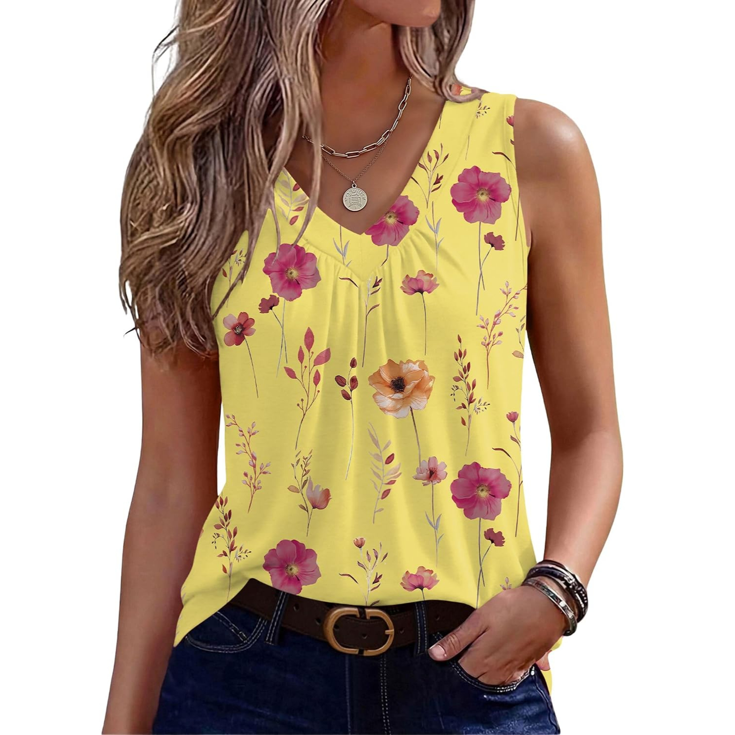 Casual Loose Fit Pleated Shirts Tank Top For Women
