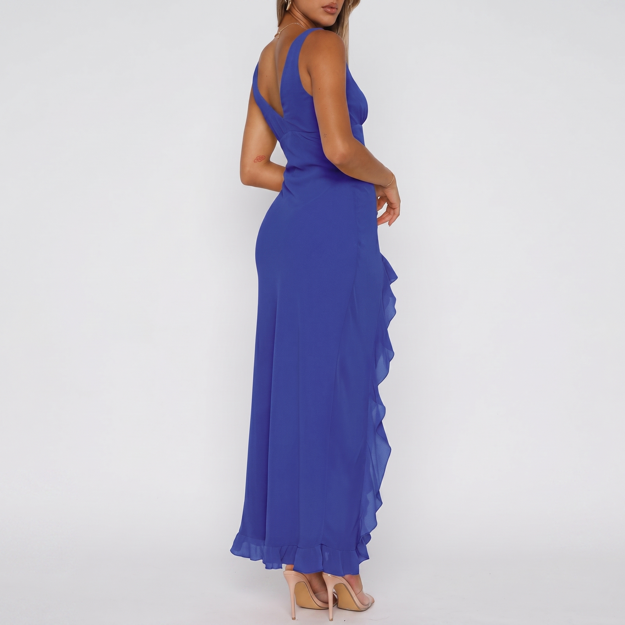 V Sleeveless Mesh Bodycon Ruffle Maxi Dress For Women