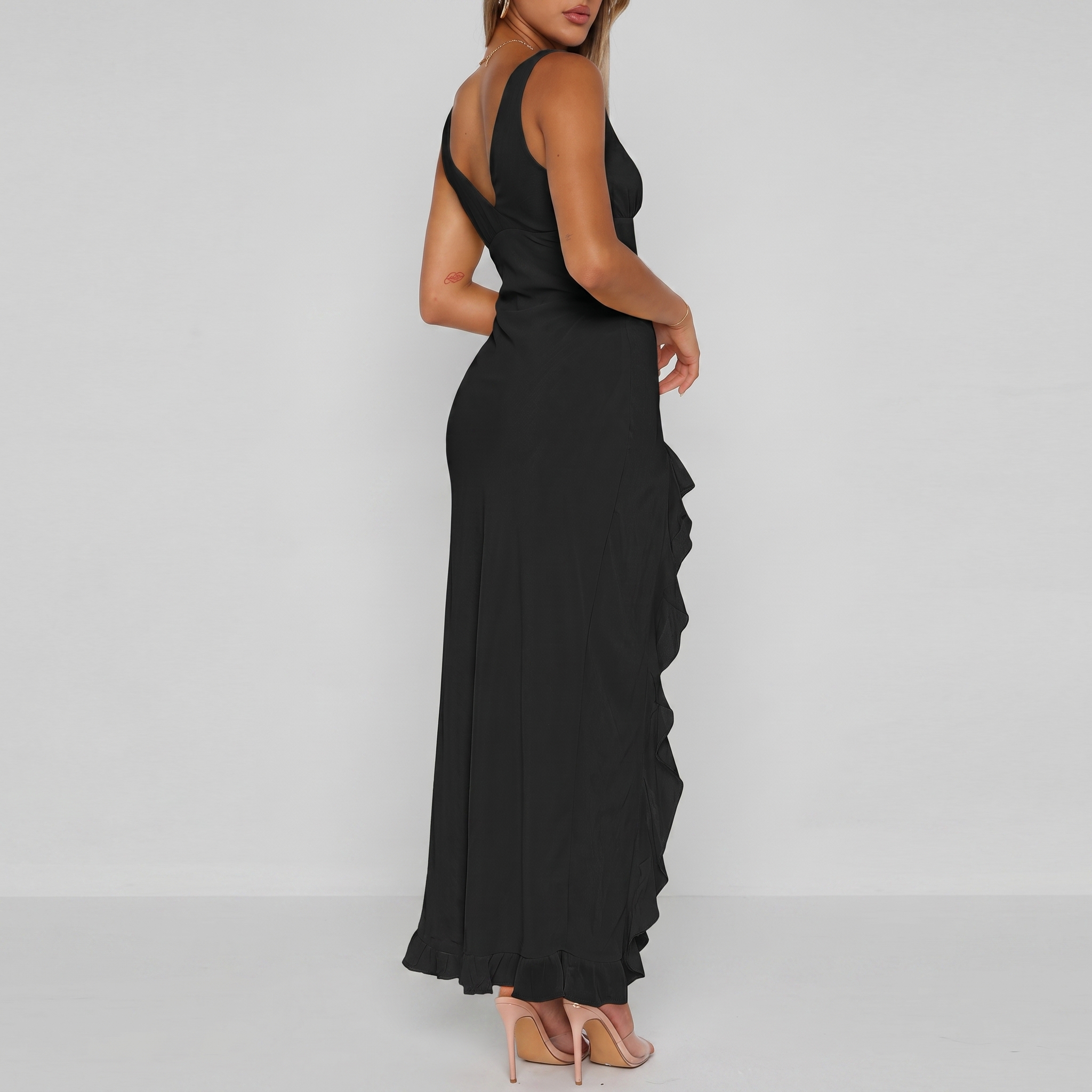 V Sleeveless Mesh Bodycon Ruffle Maxi Dress For Women