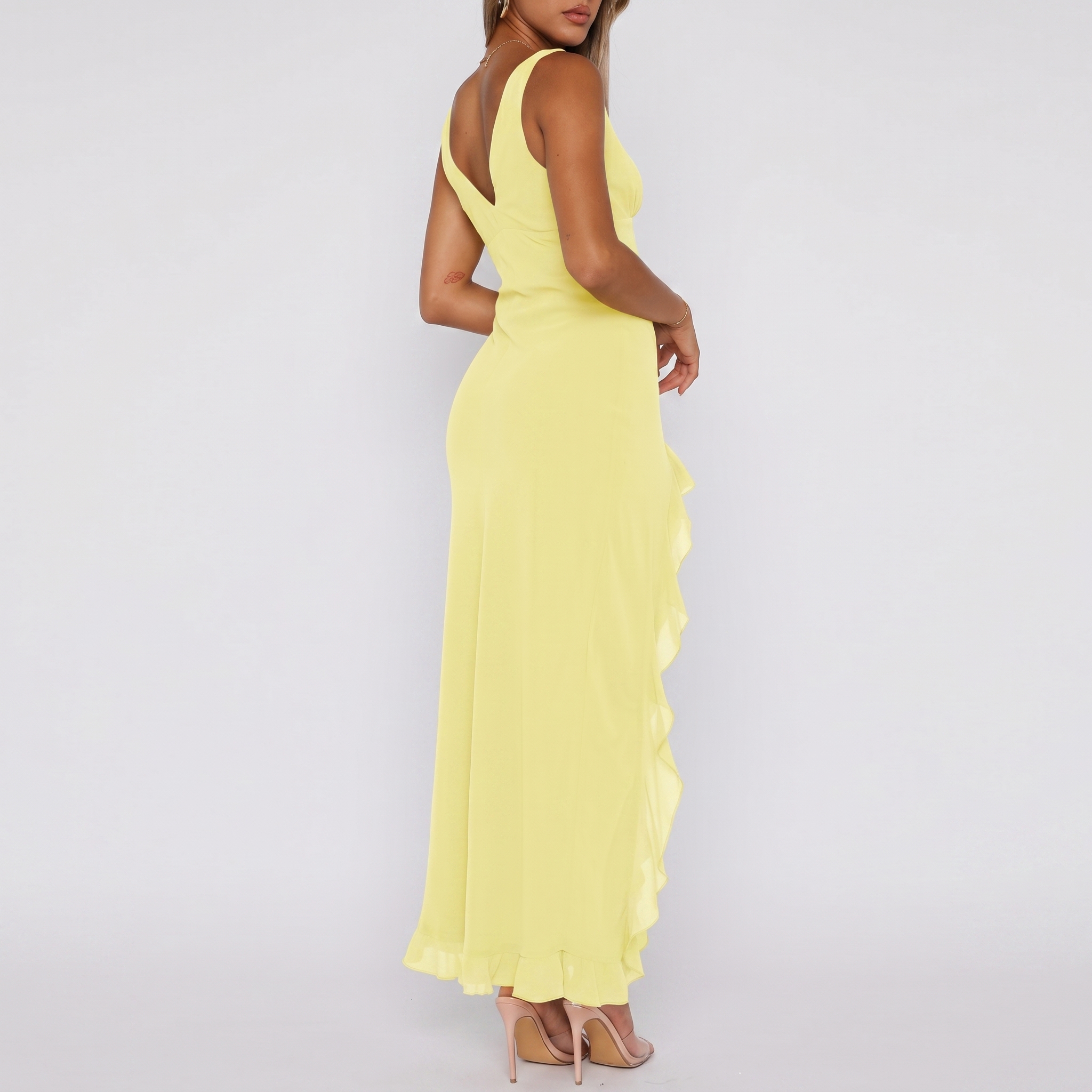 V Sleeveless Mesh Bodycon Ruffle Maxi Dress For Women