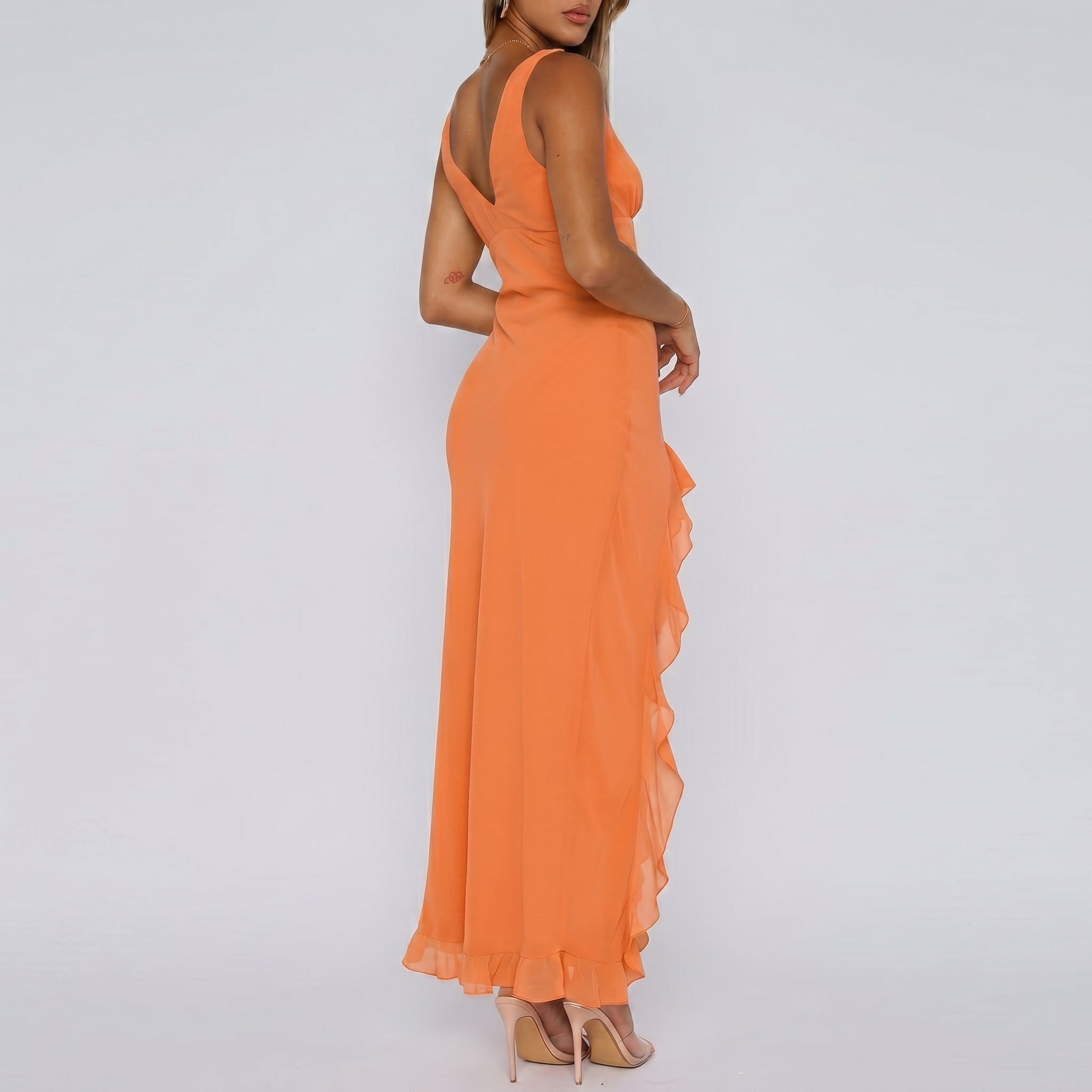 V Sleeveless Mesh Bodycon Ruffle Maxi Dress For Women