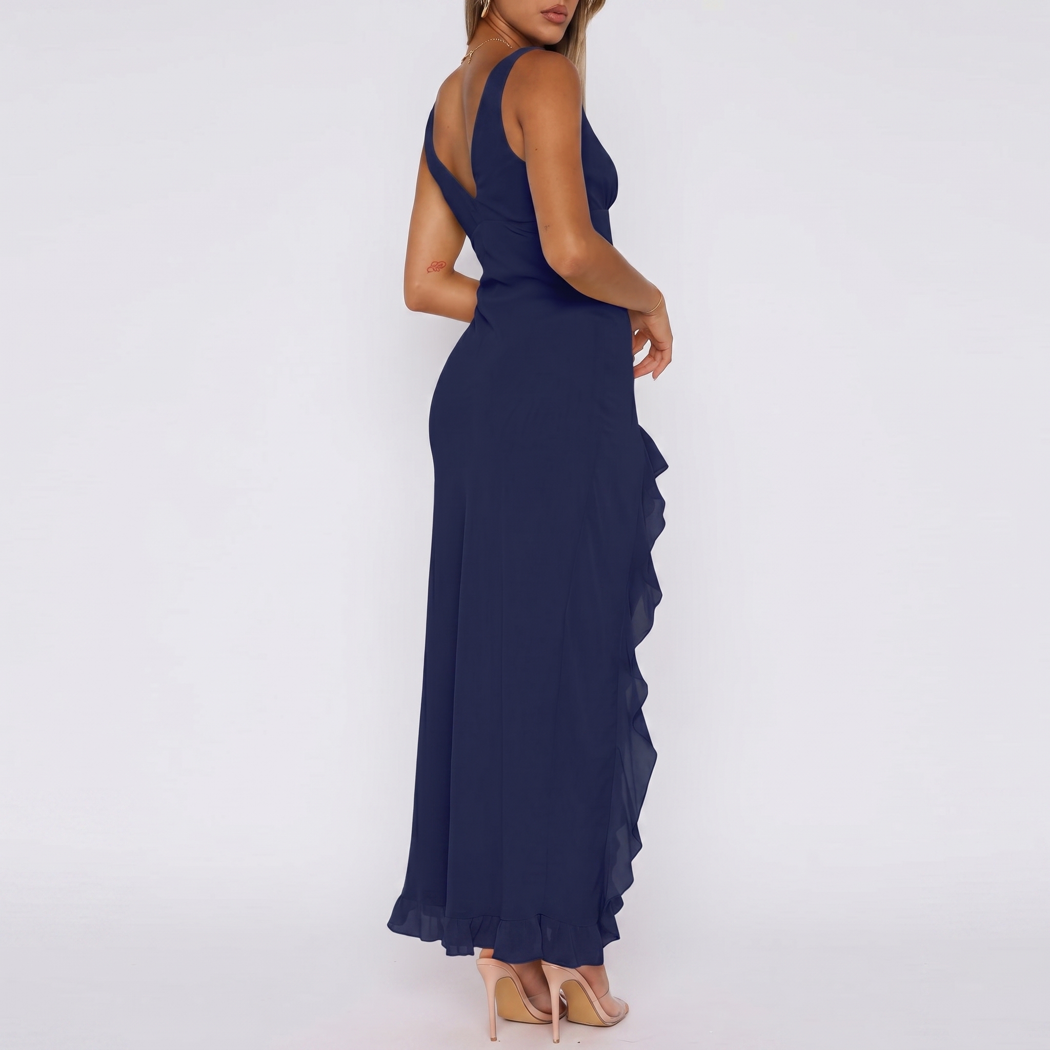 V Sleeveless Mesh Bodycon Ruffle Maxi Dress For Women