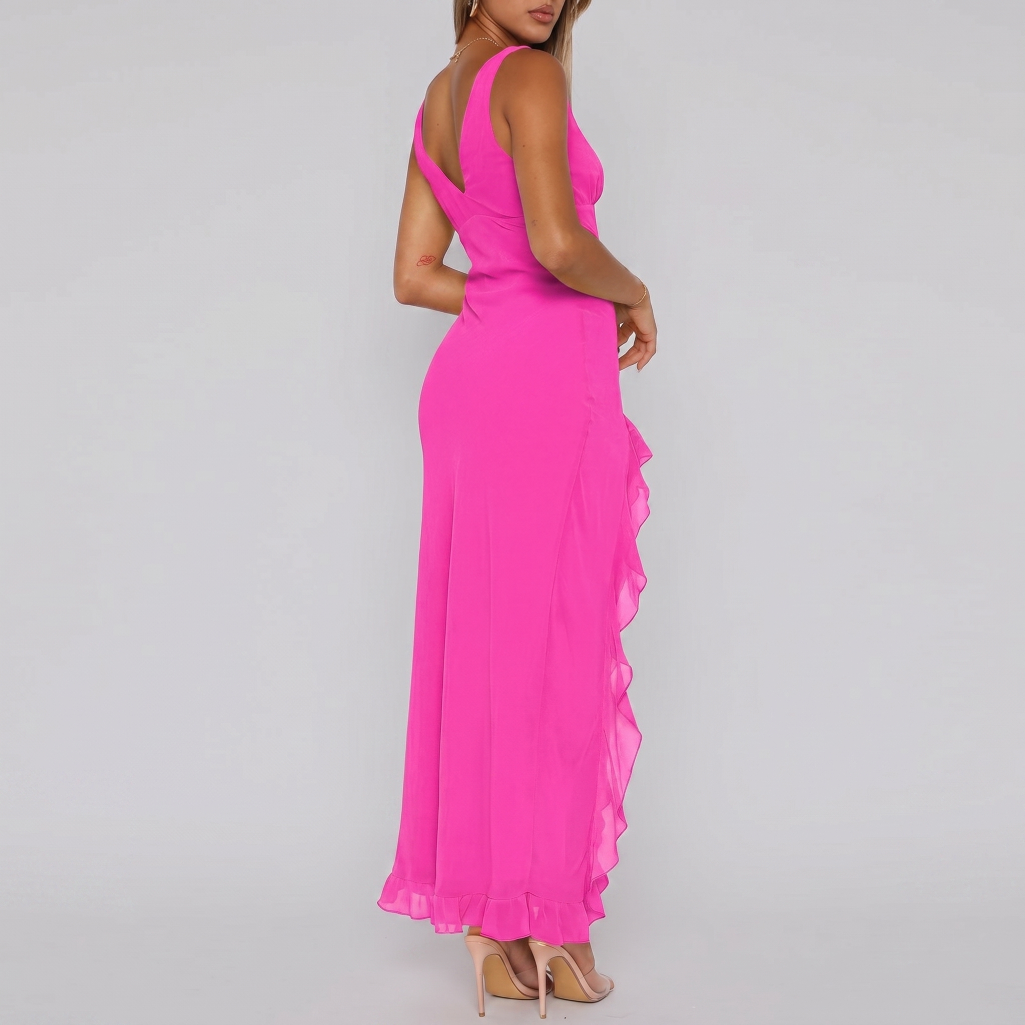 V Sleeveless Mesh Bodycon Ruffle Maxi Dress For Women