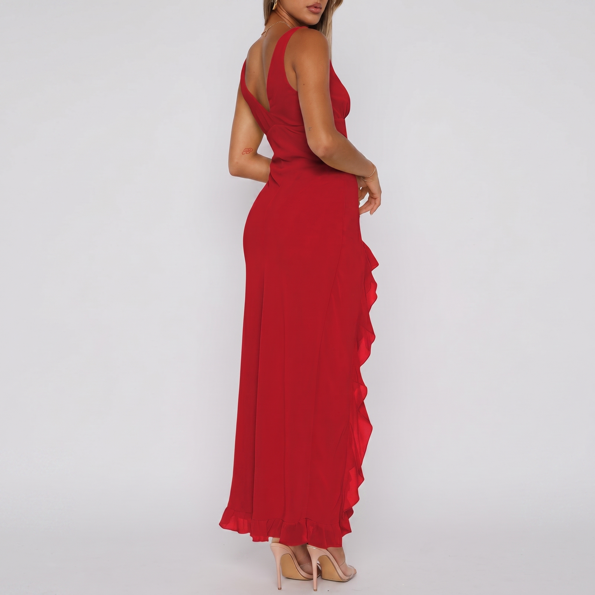 V Sleeveless Mesh Bodycon Ruffle Maxi Dress For Women