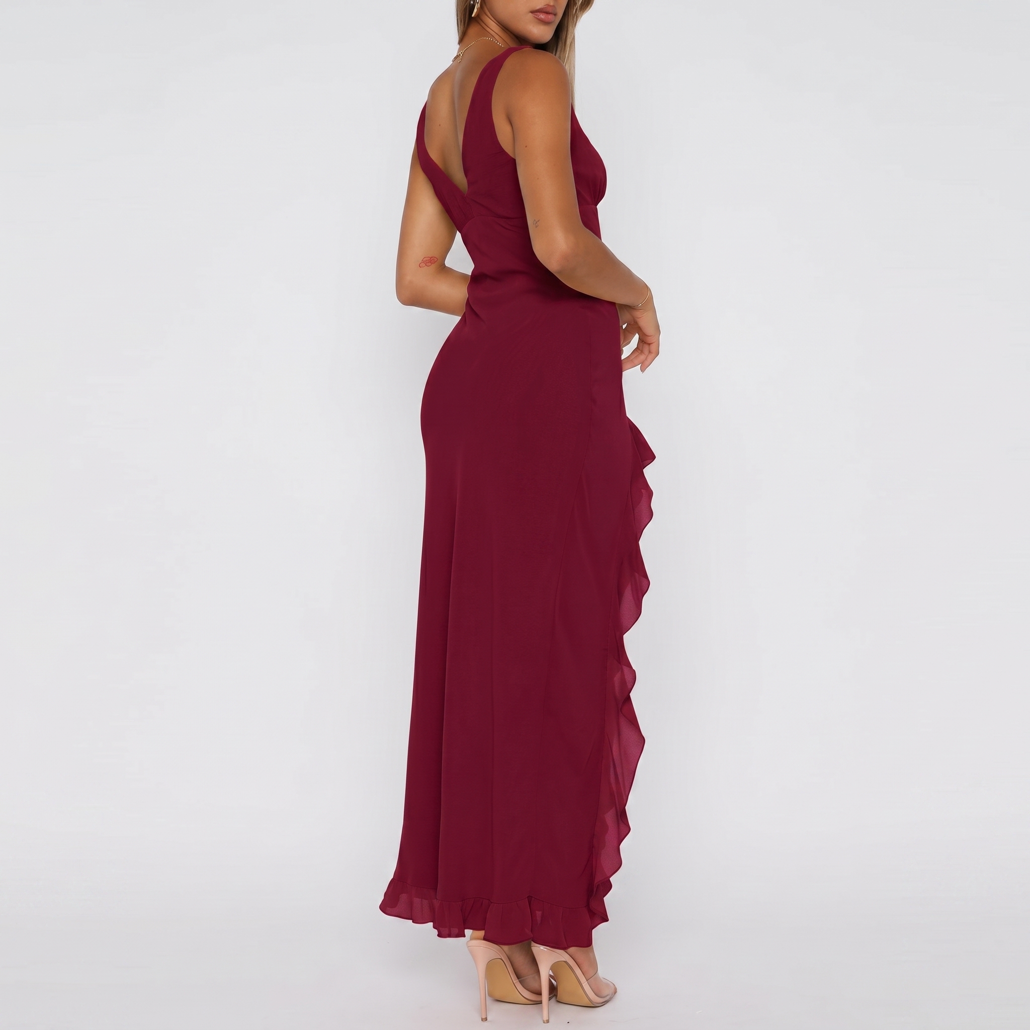 V Sleeveless Mesh Bodycon Ruffle Maxi Dress For Women