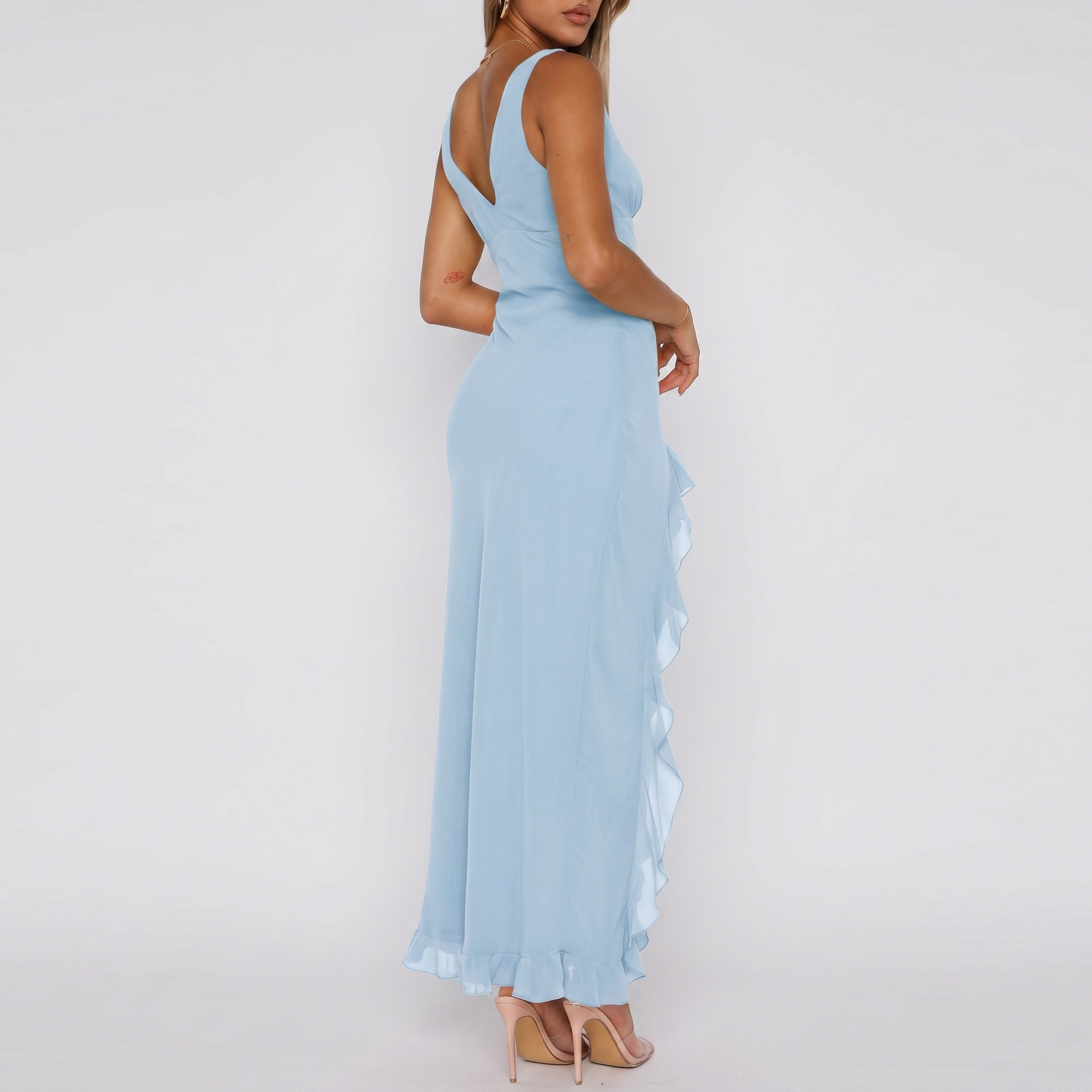 V Sleeveless Mesh Bodycon Ruffle Maxi Dress For Women