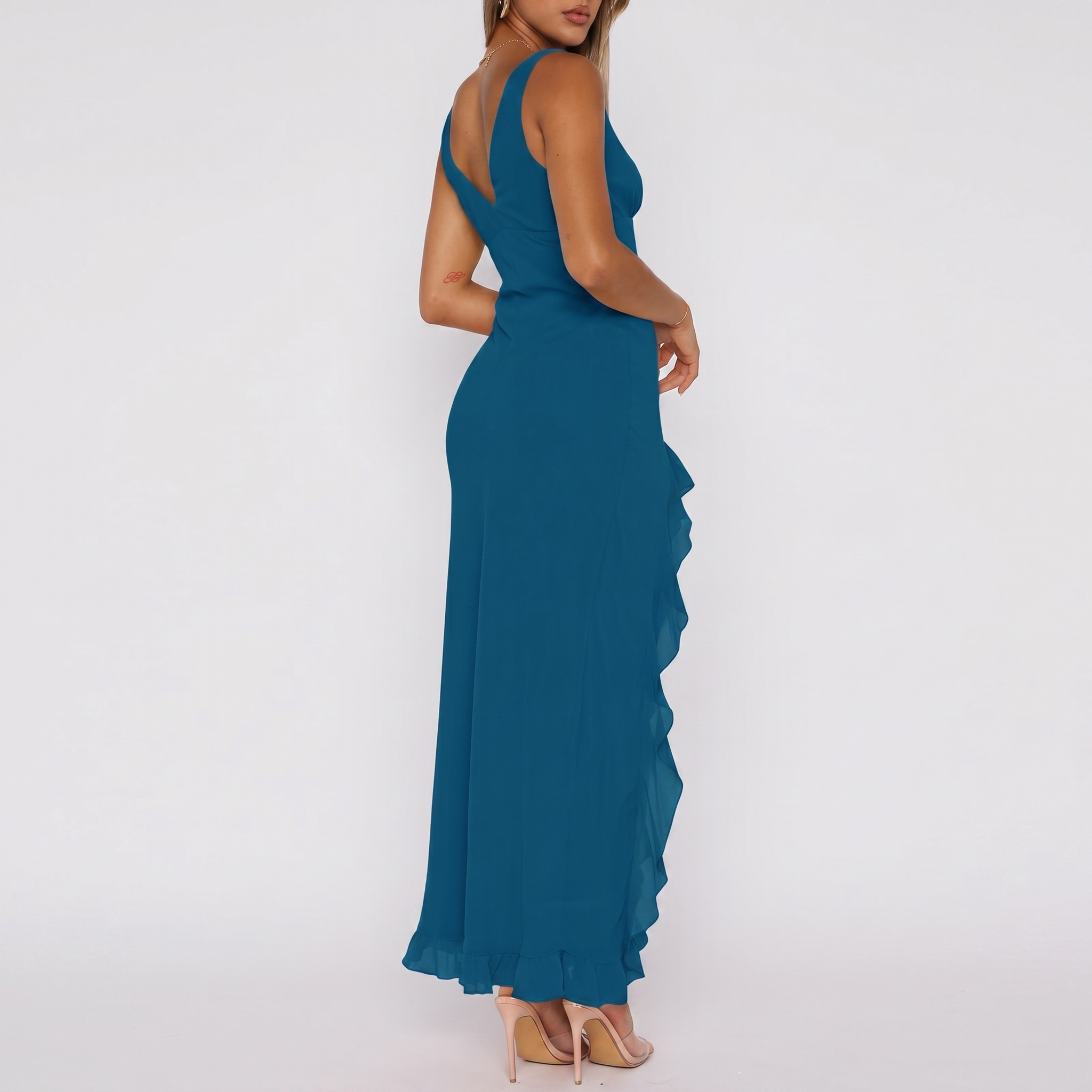 V Sleeveless Mesh Bodycon Ruffle Maxi Dress For Women