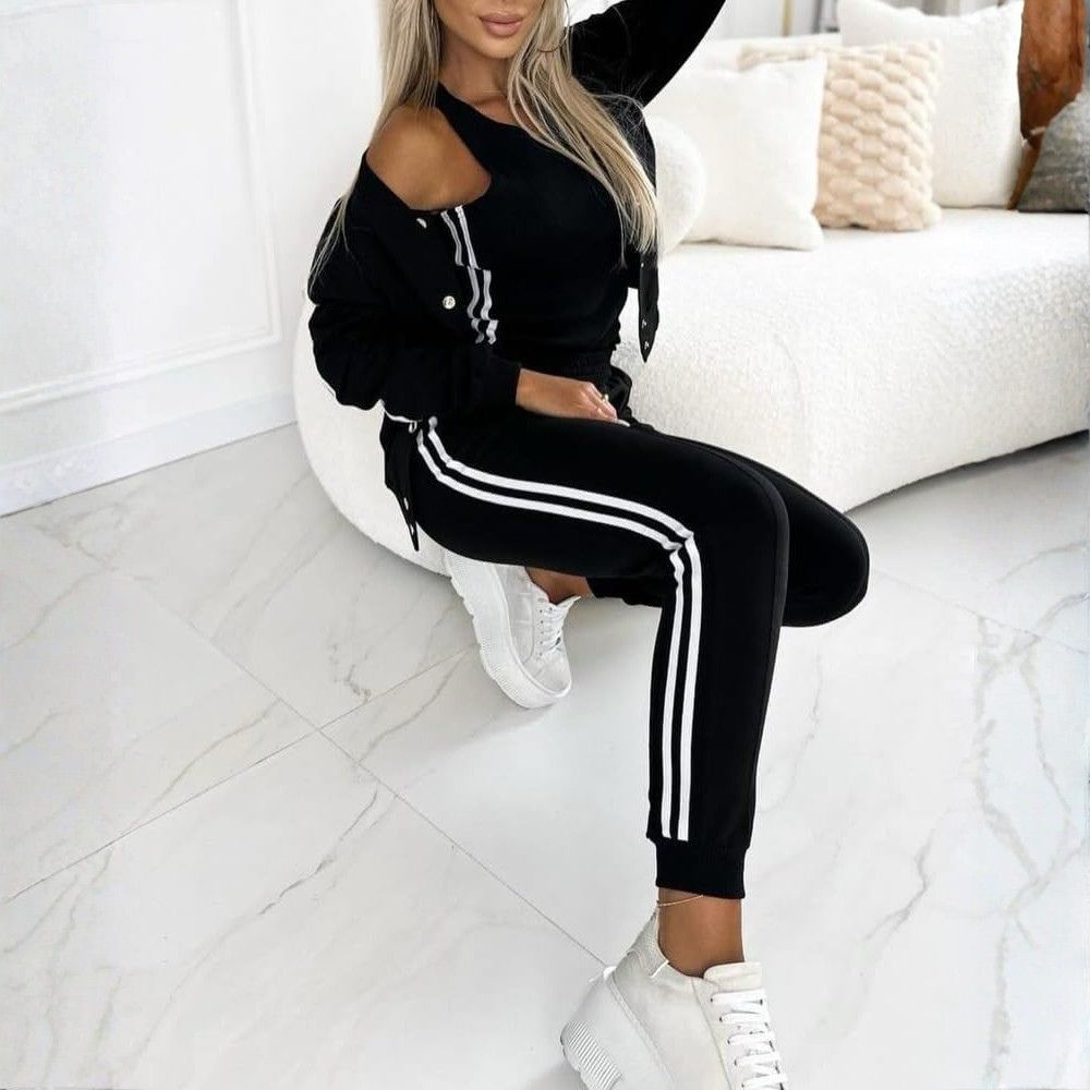 Women's Three Piece Outfits Striped Tape Patch Tank Tops Bomber Jacket with Sporty Pants