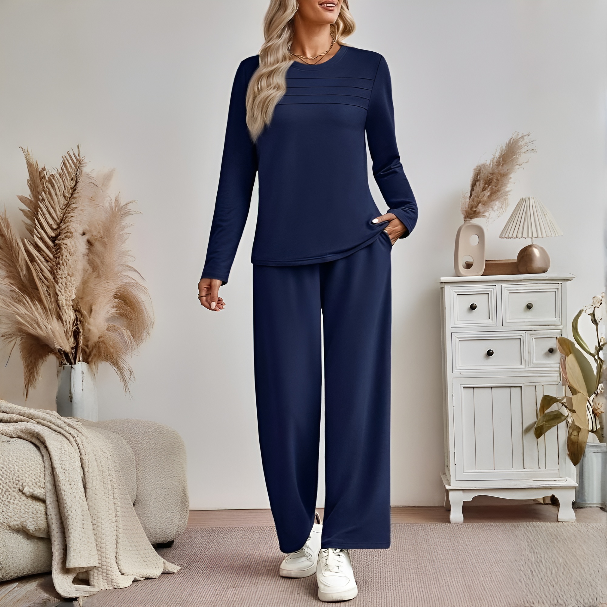 Two Piece Lounge Sets For Women With Comfortable Sweatshirt And Wide Matching Pants
