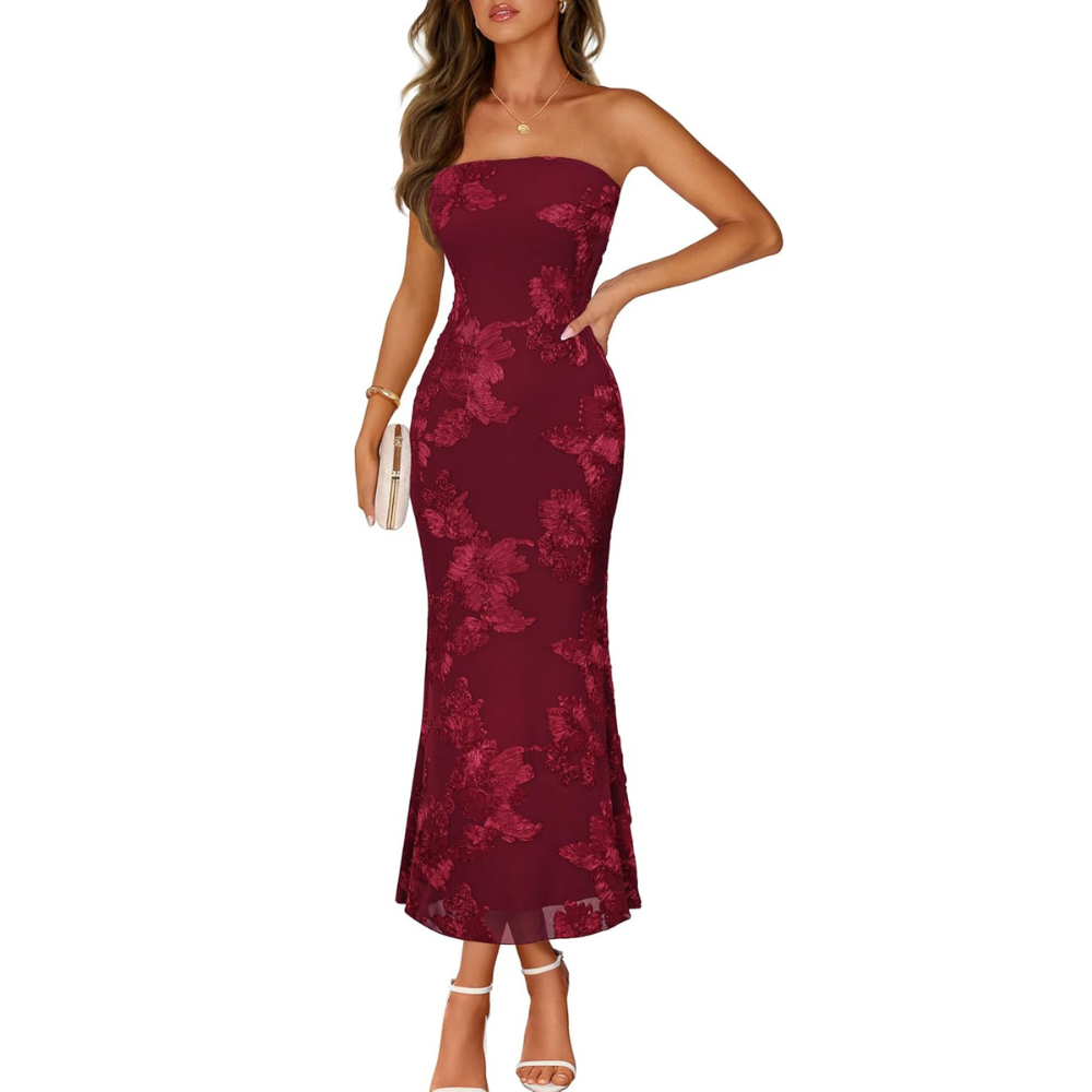 Floral Strapless Bodycon Maxi Dress for Wedding Parties