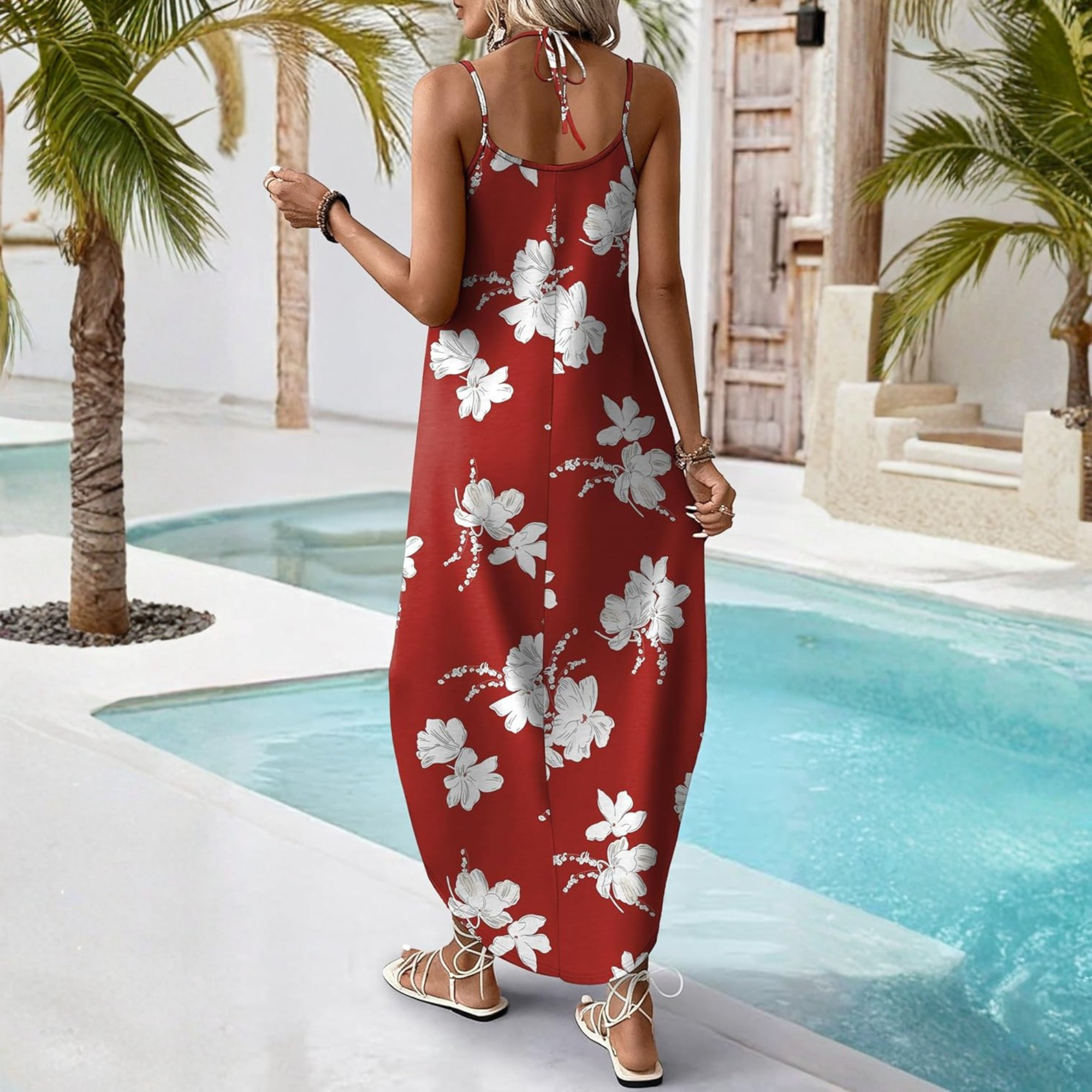 Boho Halter Maxi Sundress for Beach Vacation Travel