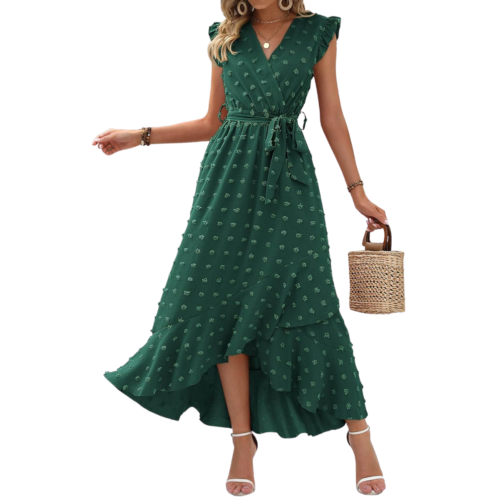  Summer Cap Sleeve Swiss Dot Flowy Ruffle Cocktail Maxi Dress For Women