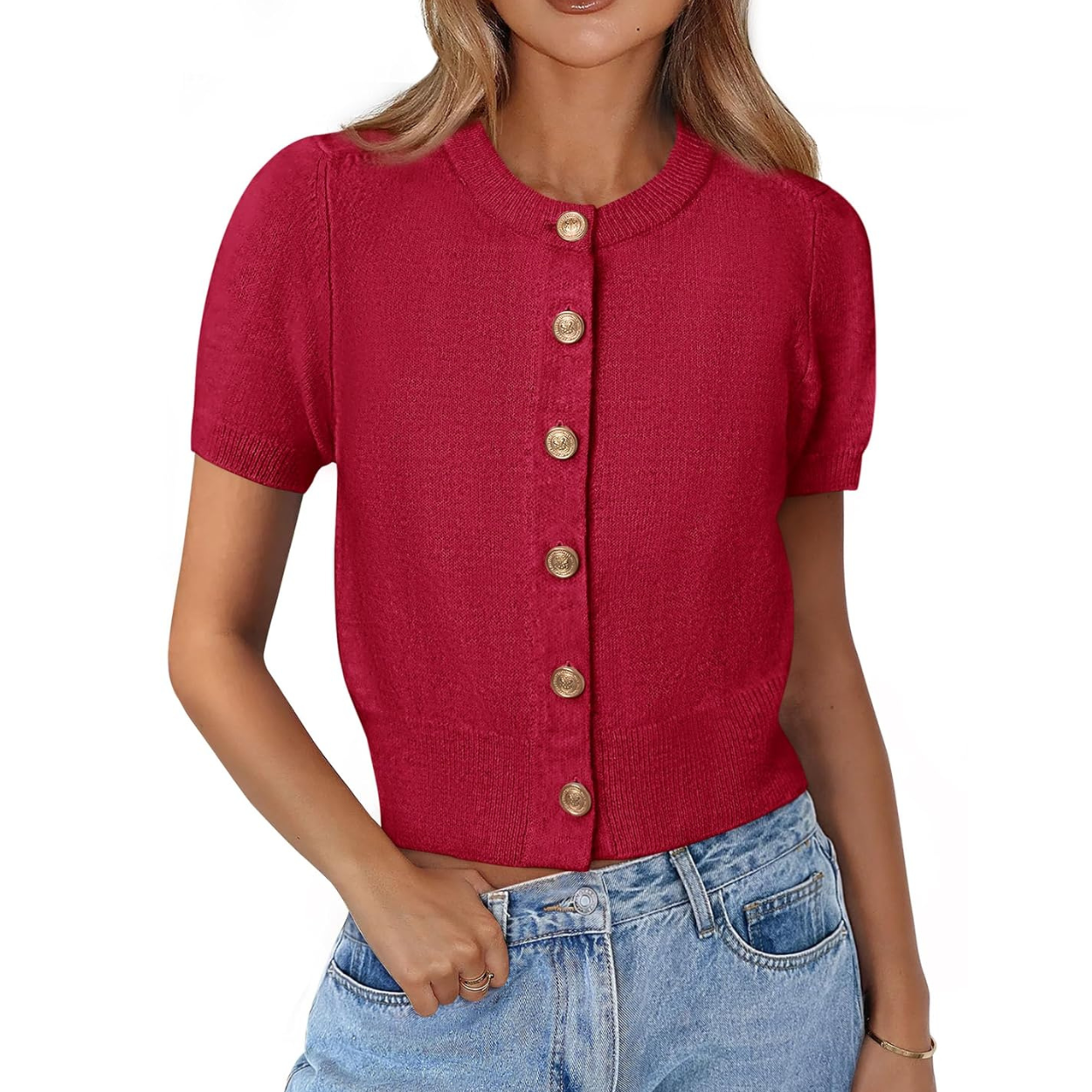 Casual Stretchy Short Sleeve Knit Crop Cardigan For Women