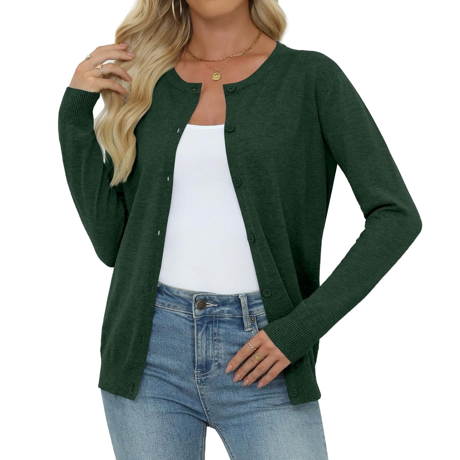 Casual Long Knit Crew Sleeve Front Cardigan With Button For Women