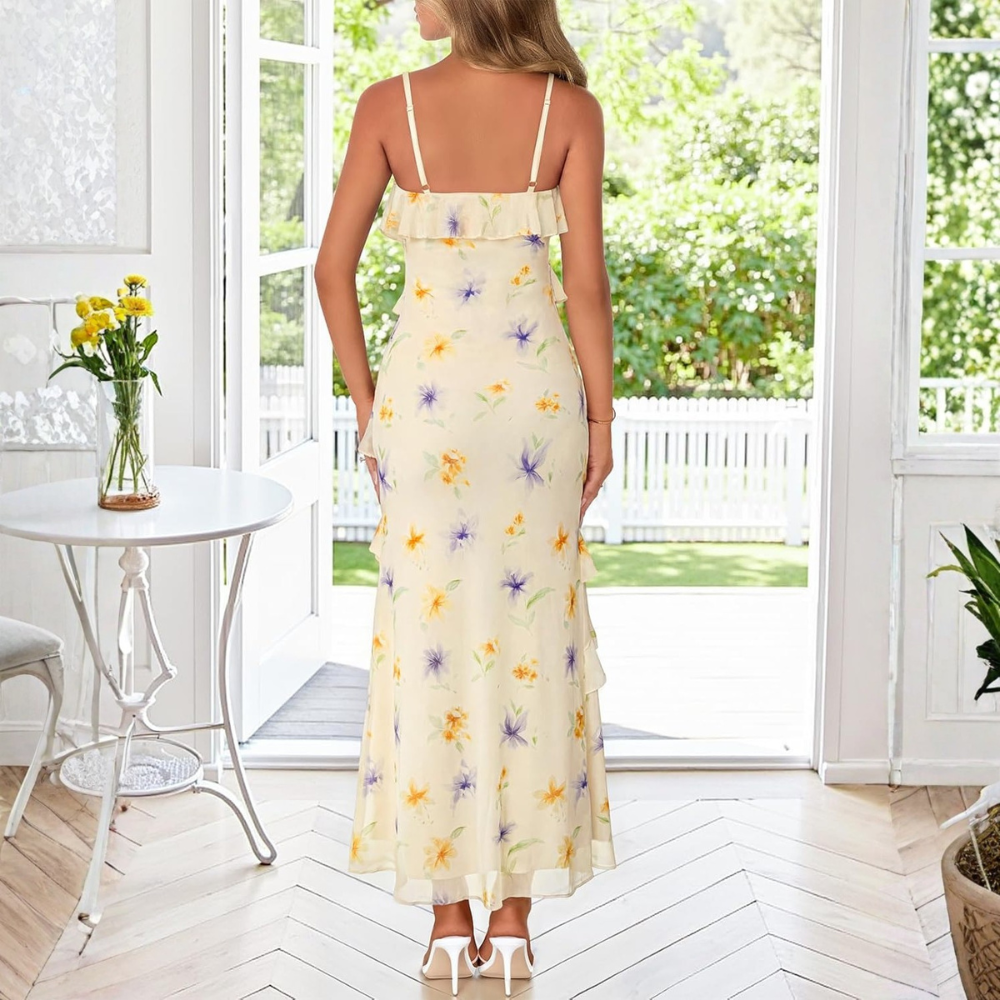 Floral Ruffle Spaghetti Strap Bodycon Maxi Dress Women