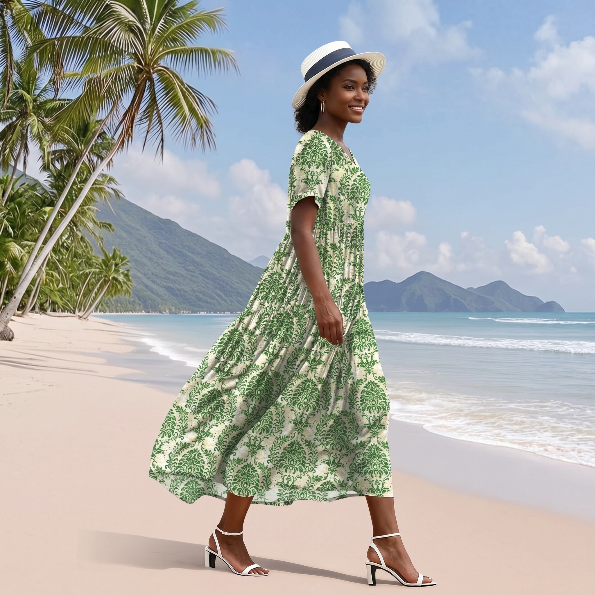 Floral V Neck Boho Maxi Swing Dress with Pockets