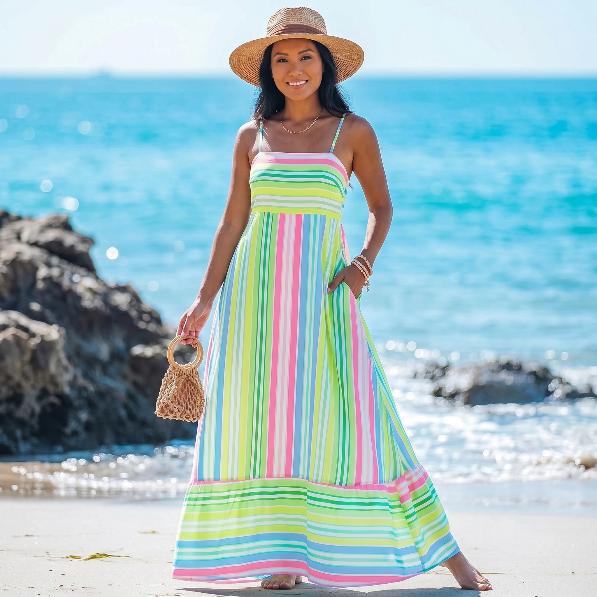 Summer Beach Boho Casual Spaghetti Strap Maxi Dress For Women
