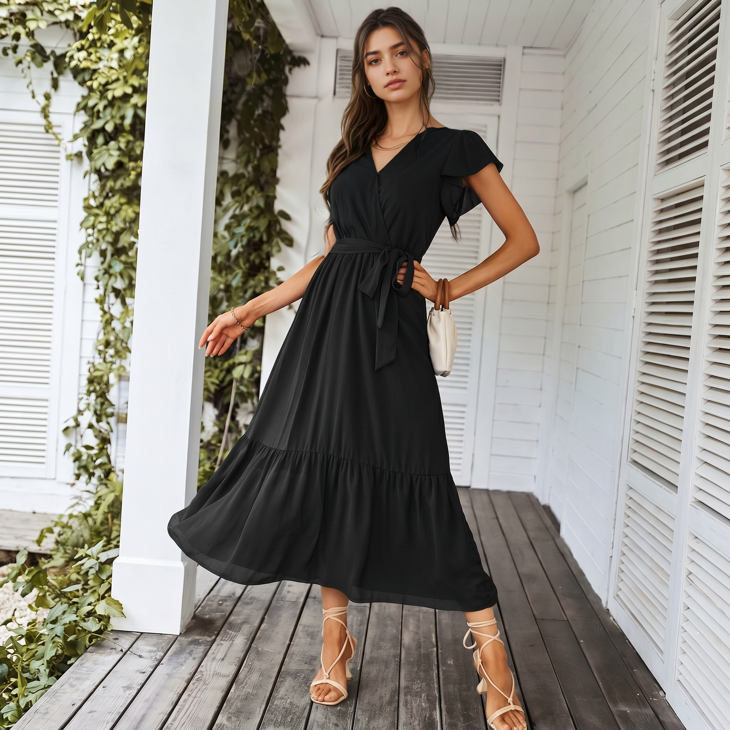 Floral And Boho Wrap Ruffle Maxi Dress V For Women