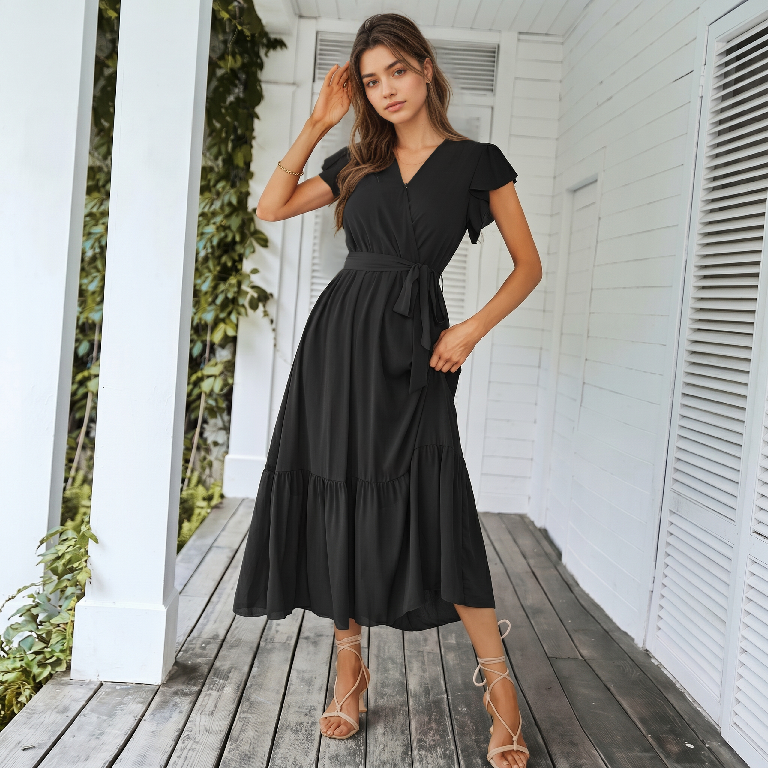 Floral And Boho Wrap Ruffle Maxi Dress V For Women