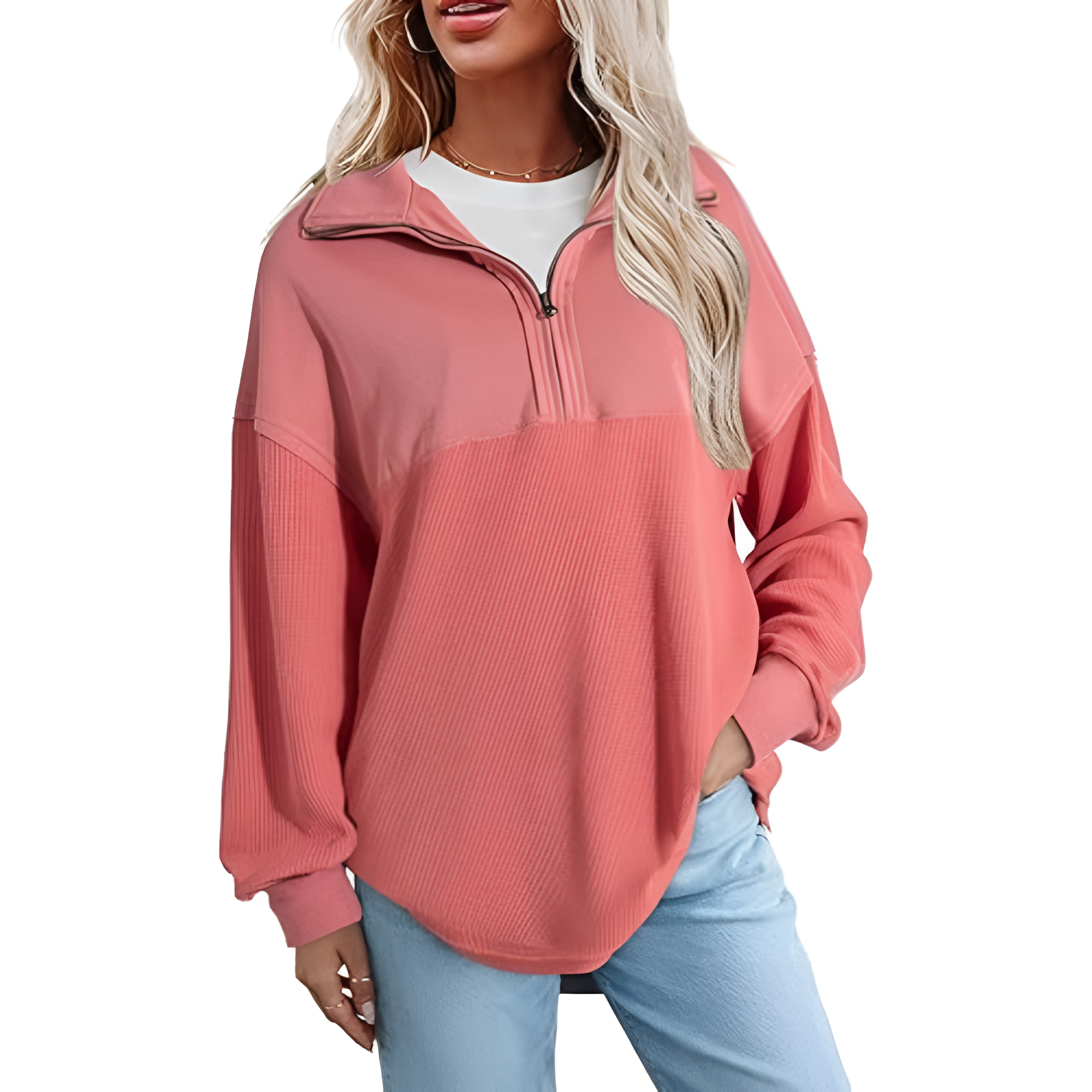 Casual Waffle Knit Half Zip Sweatshirt Pullover With Loose Fit For Women