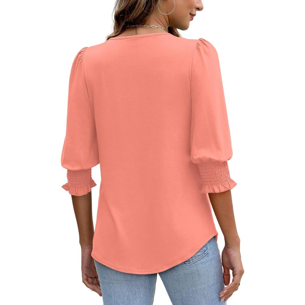 Dressy Casual 3/4 Length Sleeve Women's Tops with Smocked Cuffs