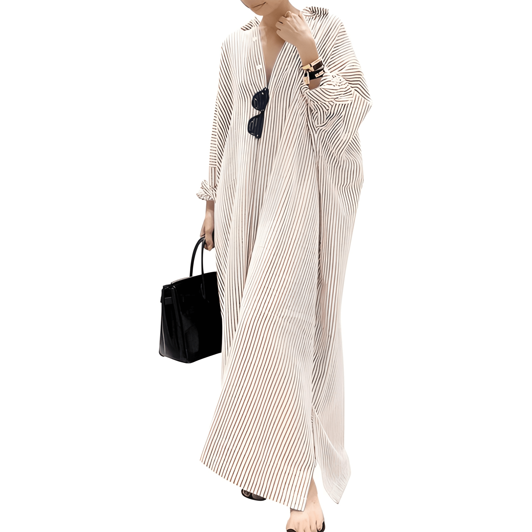 Striped Loose Cotton Maxi Shirt Dress for Women