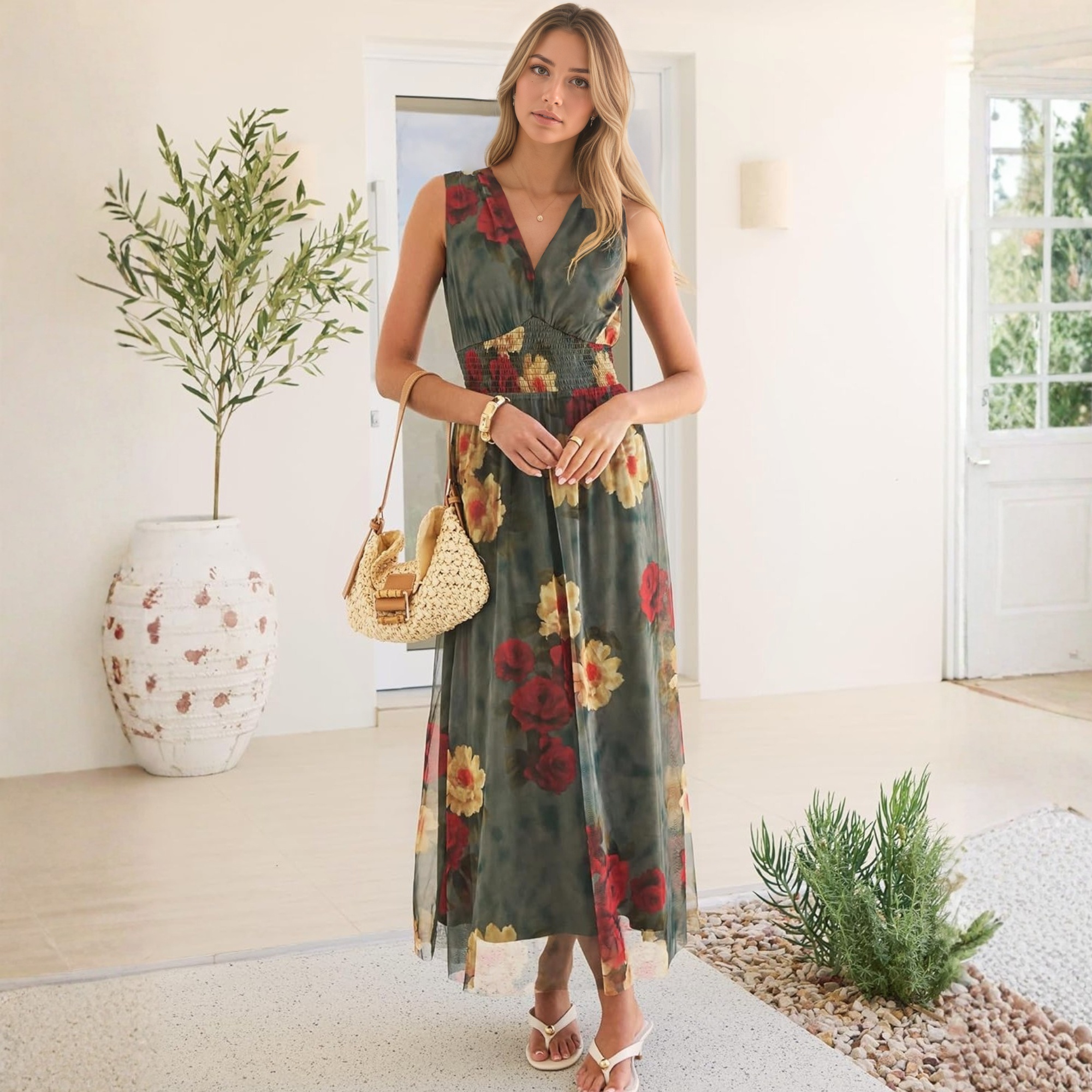 Elegant Women Floral Tulle Maxi Dress For Summer Wedding