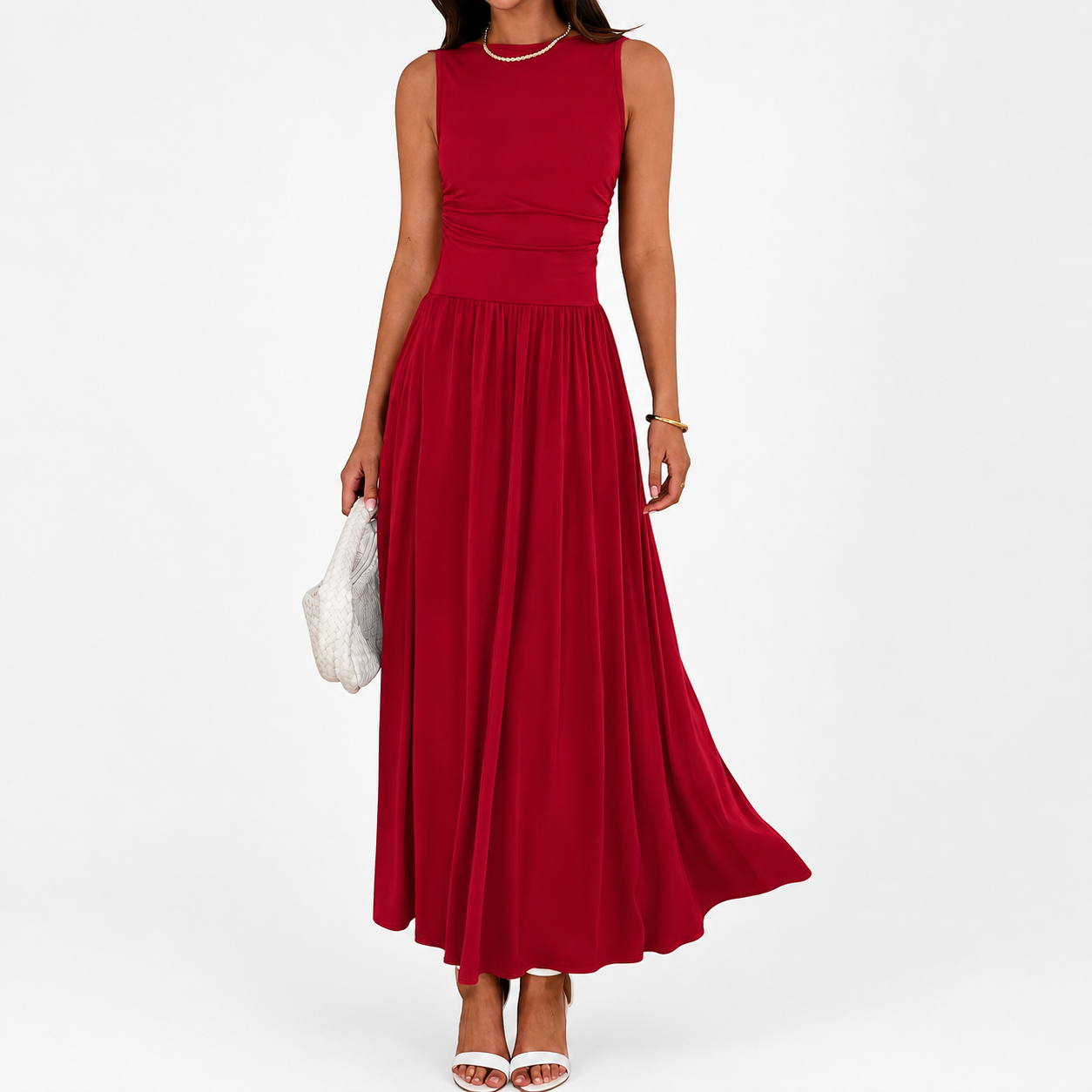 Flowy Sleeveless Maxi Sundress With Ruched Detail For Women