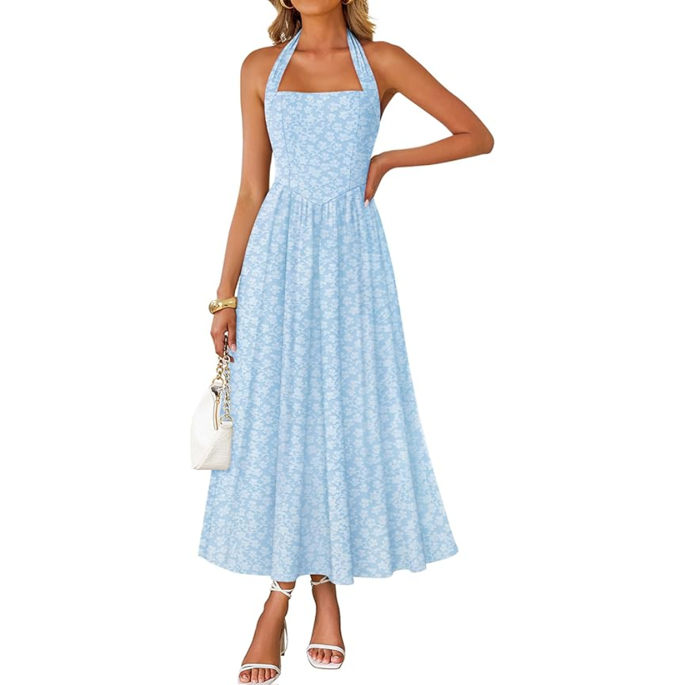 Summer Halter Sleeveless Floral A Line Maxi Dress For Women