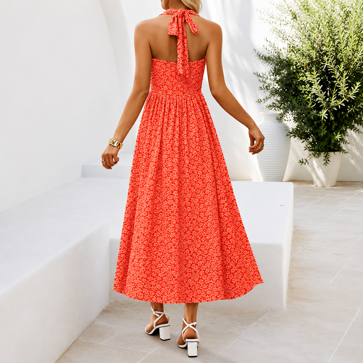 Summer Halter Sleeveless Floral A Line Maxi Dress For Women