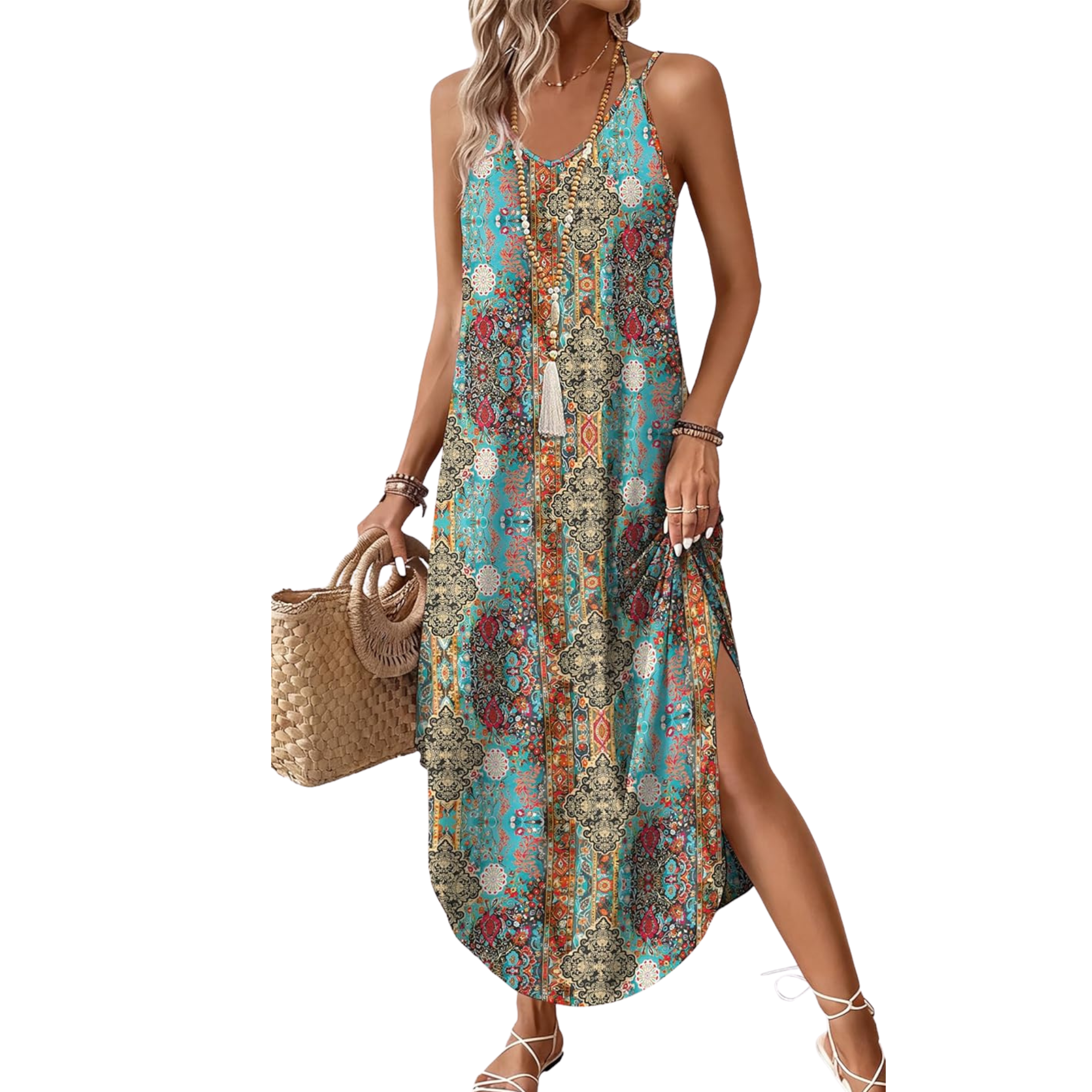 Boho Halter Maxi Sundress for Beach Vacation Travel