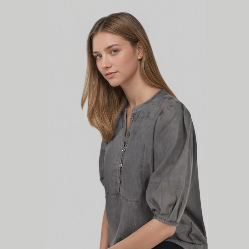 Pleated Yoke Casual Denim Shirt With Half Sleeves For Women