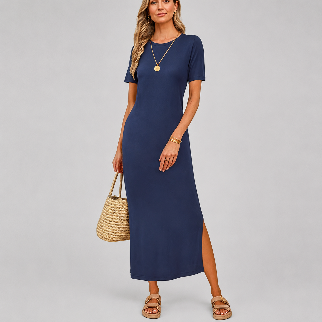 Soft Knit Lightweight Short Sleeve Casual Maxi Dress For Women 