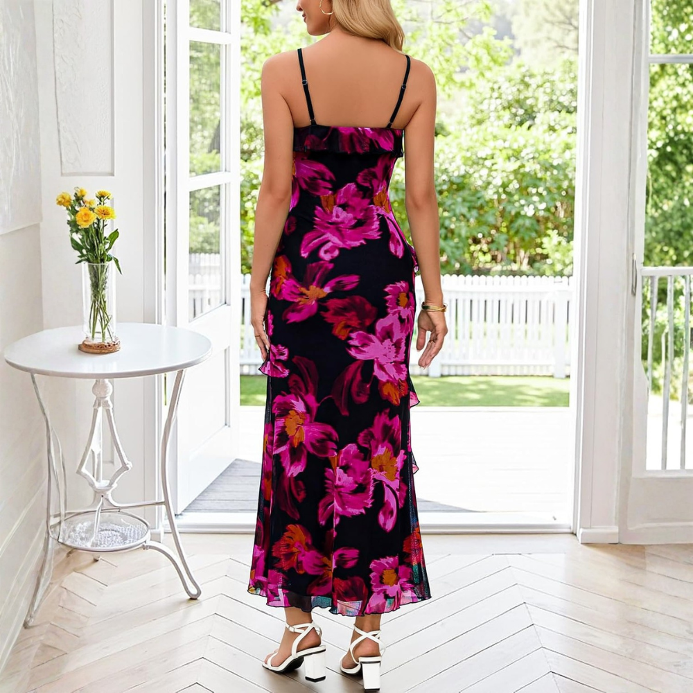 Floral Ruffle Spaghetti Strap Bodycon Maxi Dress Women