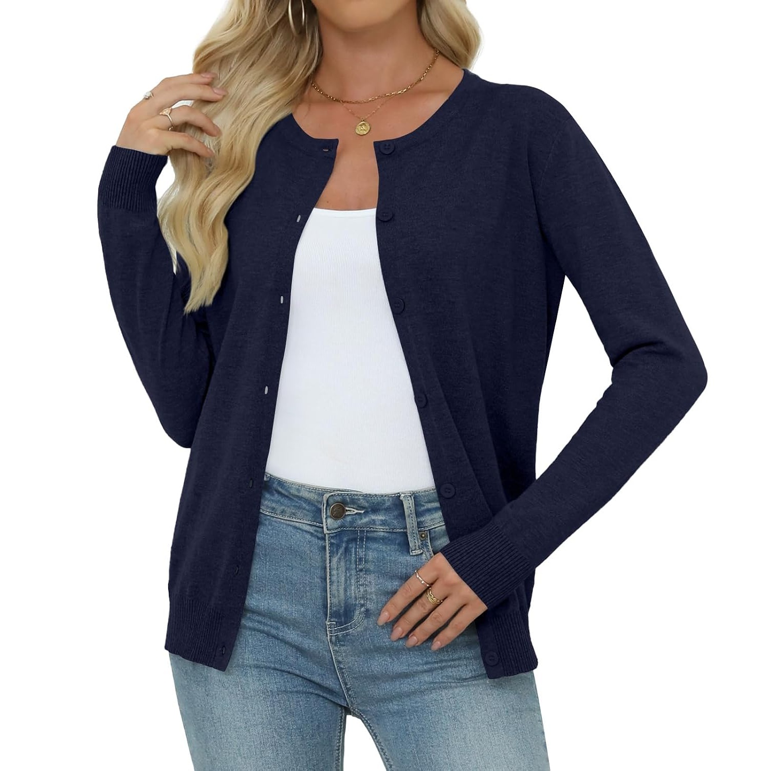 Casual Long Knit Crew Sleeve Front Cardigan With Button For Women