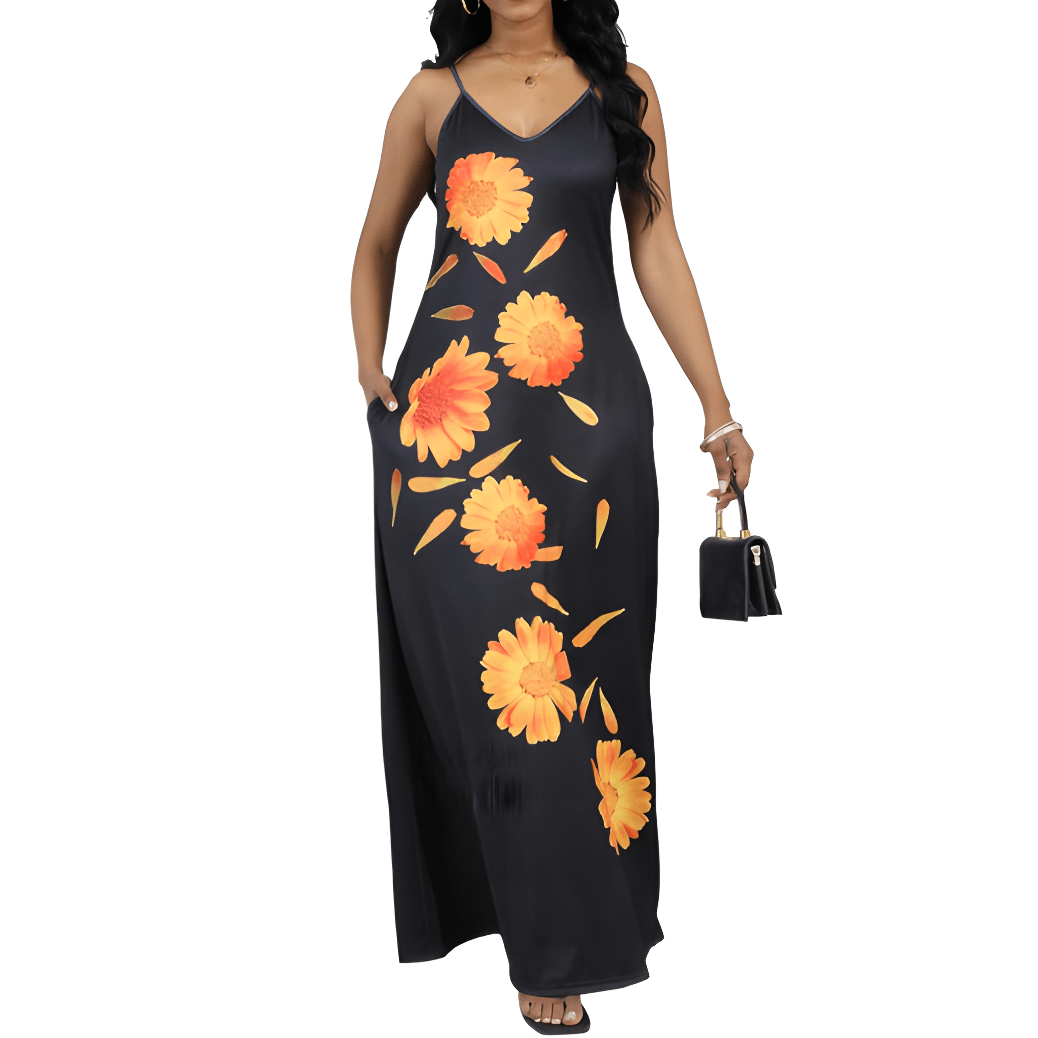 Women's Floral Print Sleeveless Maxi Dress With Pockets