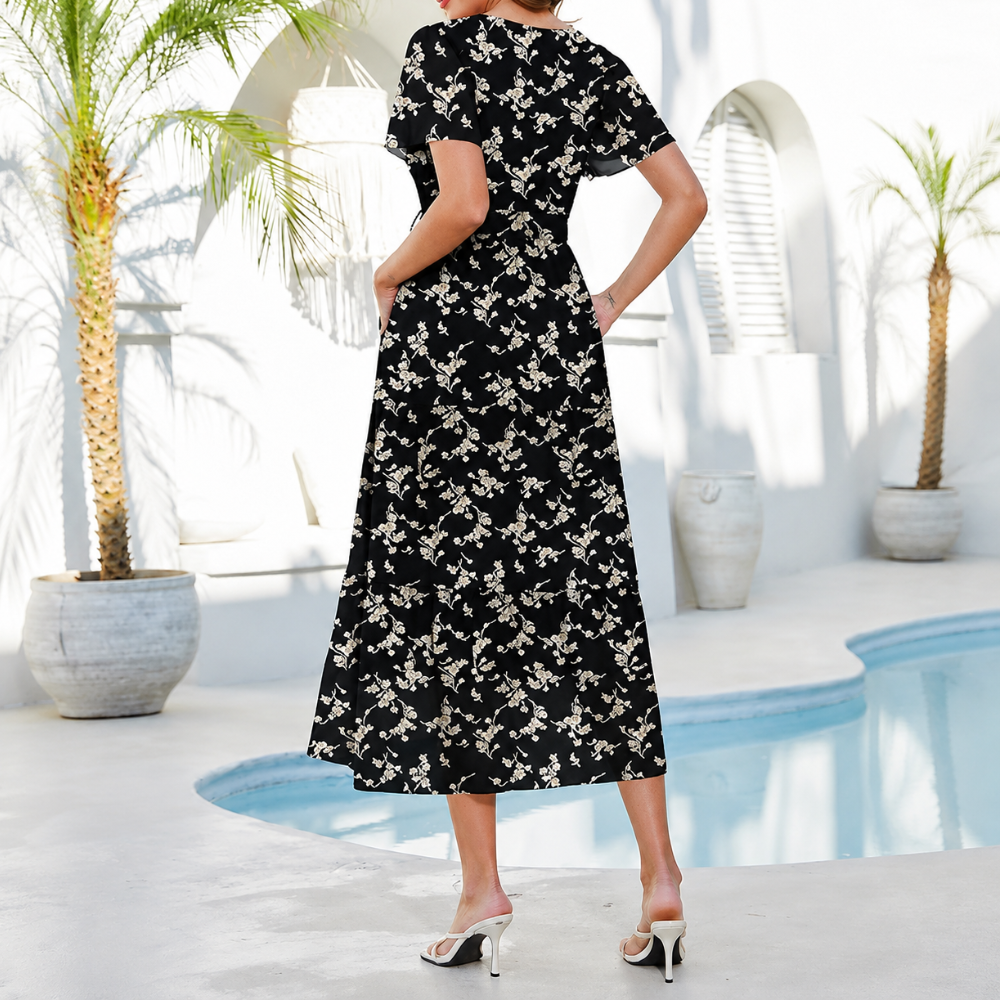 Spring Summer Chiffon Button Front Maxi Dress Pockets For Women