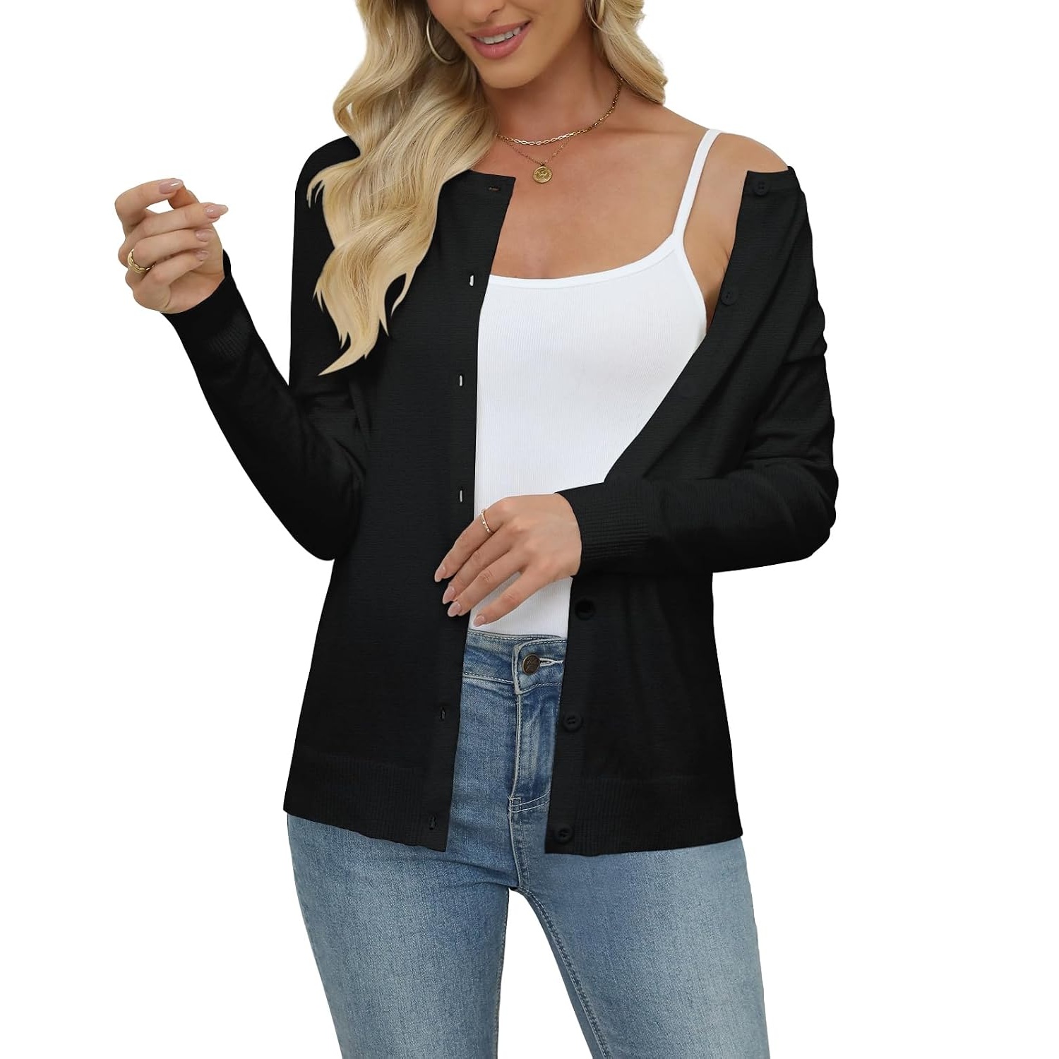 Casual Long Knit Crew Sleeve Front Cardigan With Button For Women