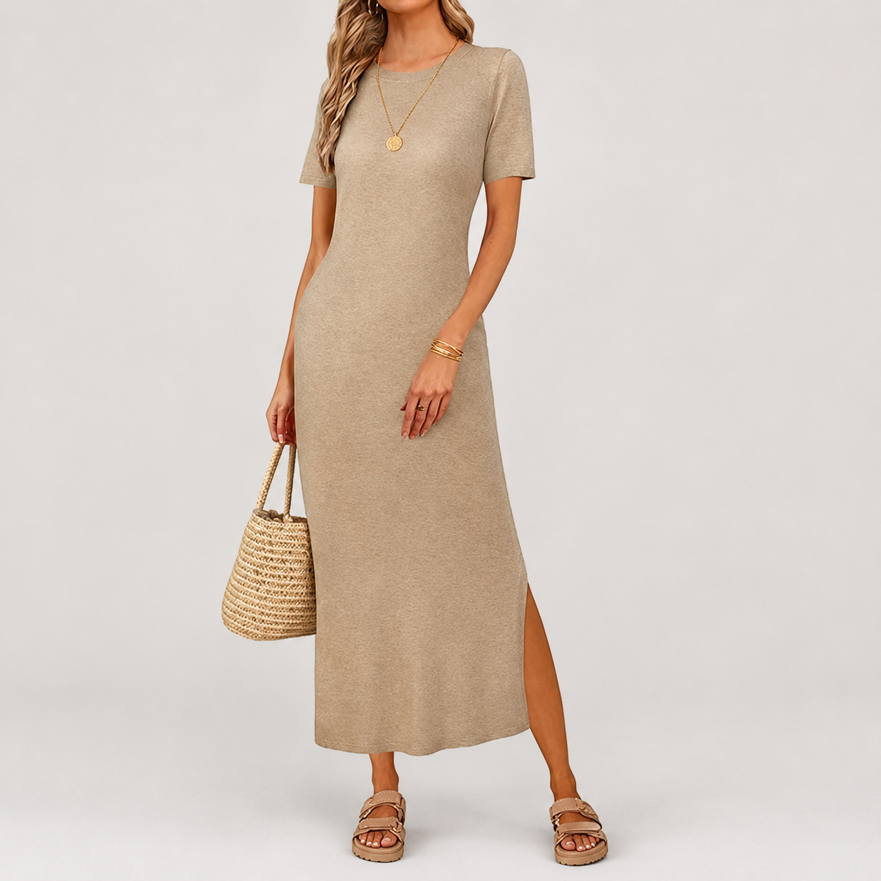 Soft Knit Lightweight Short Sleeve Casual Maxi Dress For Women 