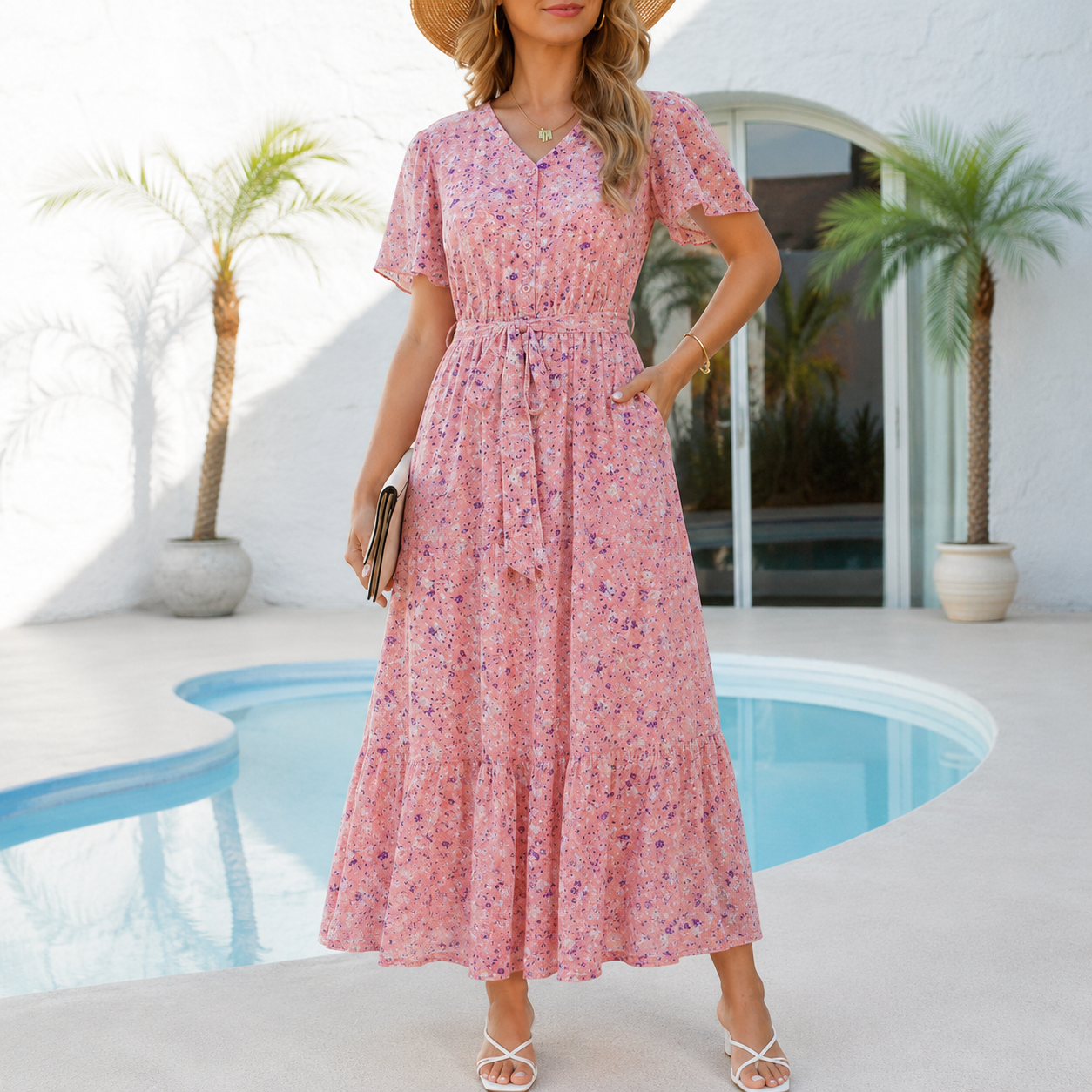 Spring Summer Chiffon Button Front Maxi Dress Pockets For Women