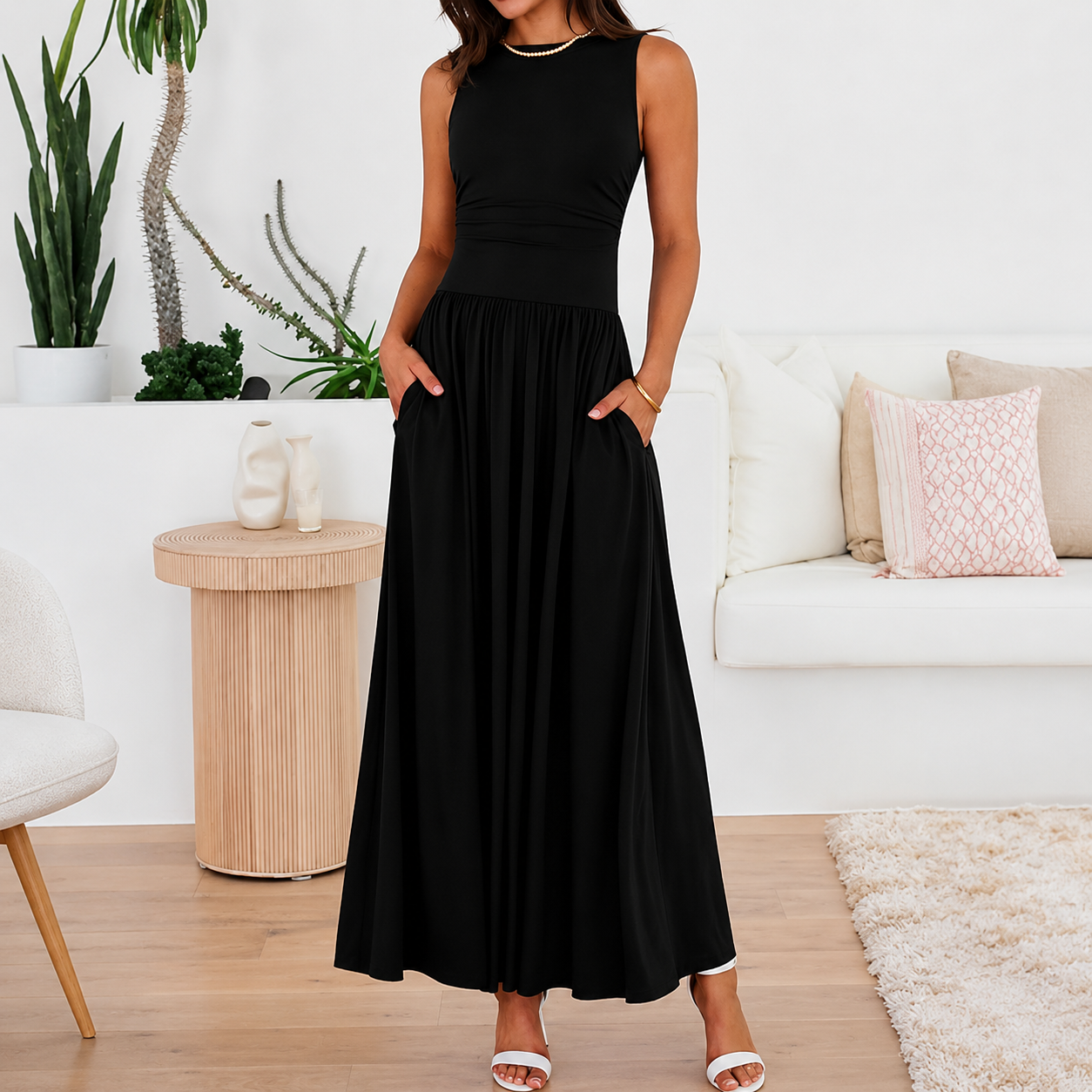 Flowy Sleeveless Maxi Sundress With Ruched Detail For Women