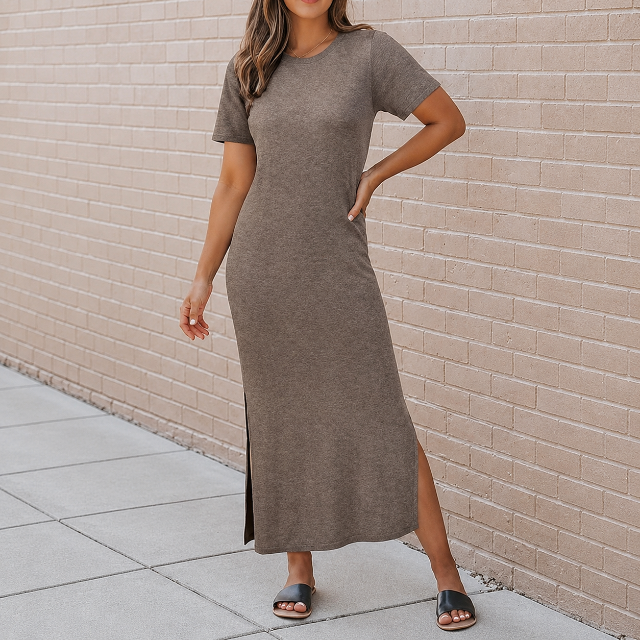 Soft Knit Lightweight Short Sleeve Casual Maxi Dress For Women 