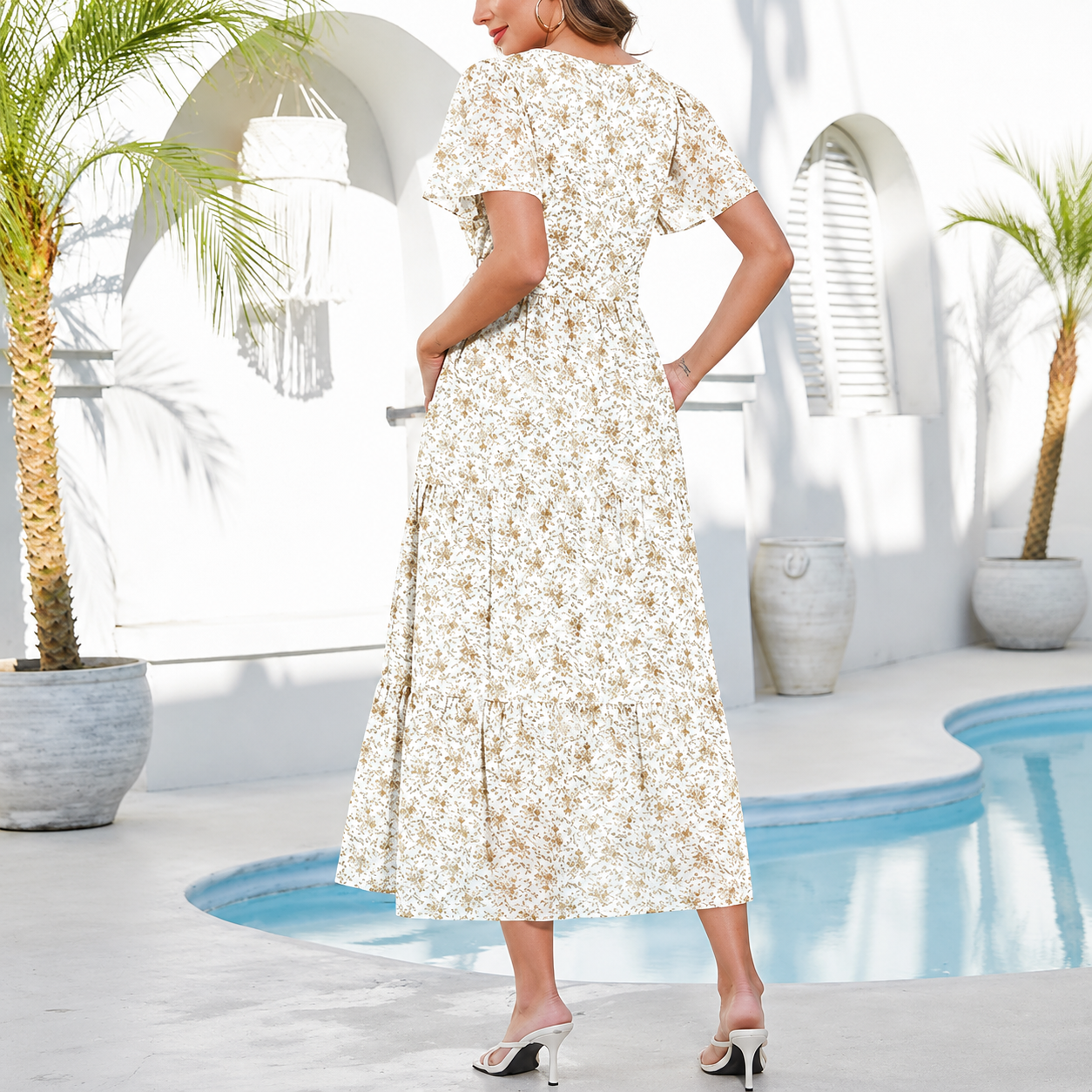 Spring Summer Chiffon Button Front Maxi Dress Pockets For Women