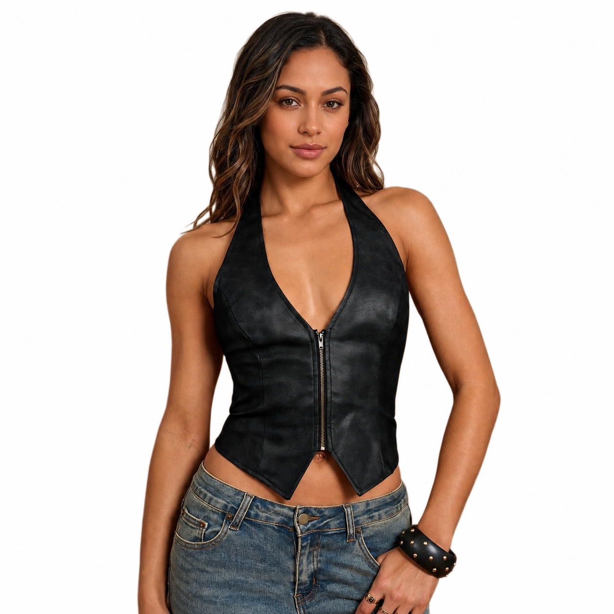 Halter PU Leather Backless Lace Up Tank Top For Women